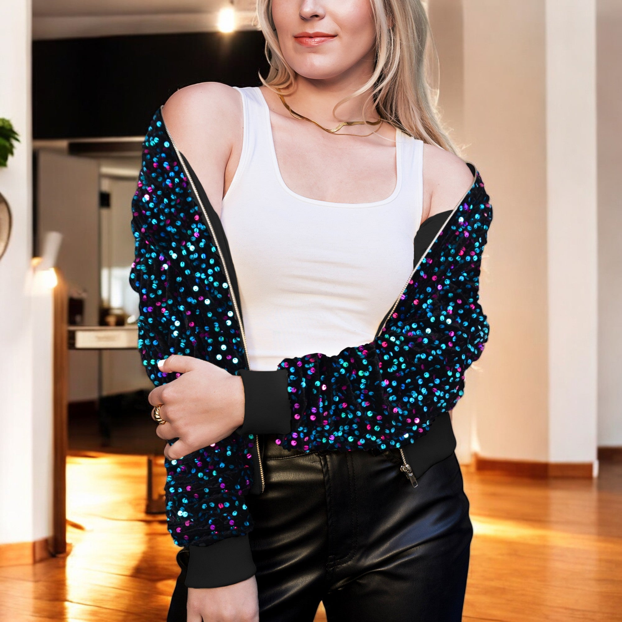Sparkly Sequin Jacket Glitter Long Sleeves Zip Up Bomber Velvet Jacket