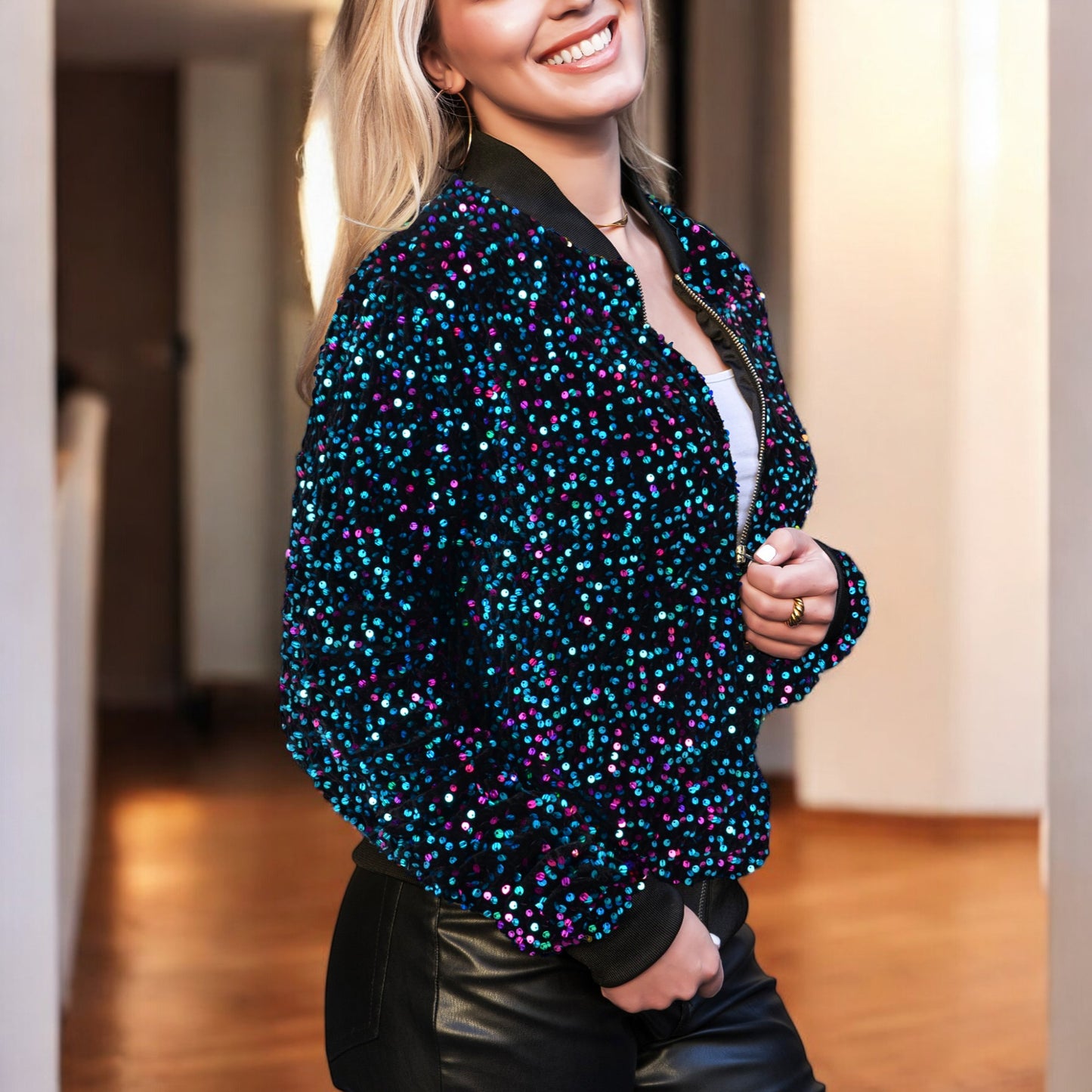 Chaqueta bomber de terciopelo con cremallera y mangas largas con lentejuelas brillantes