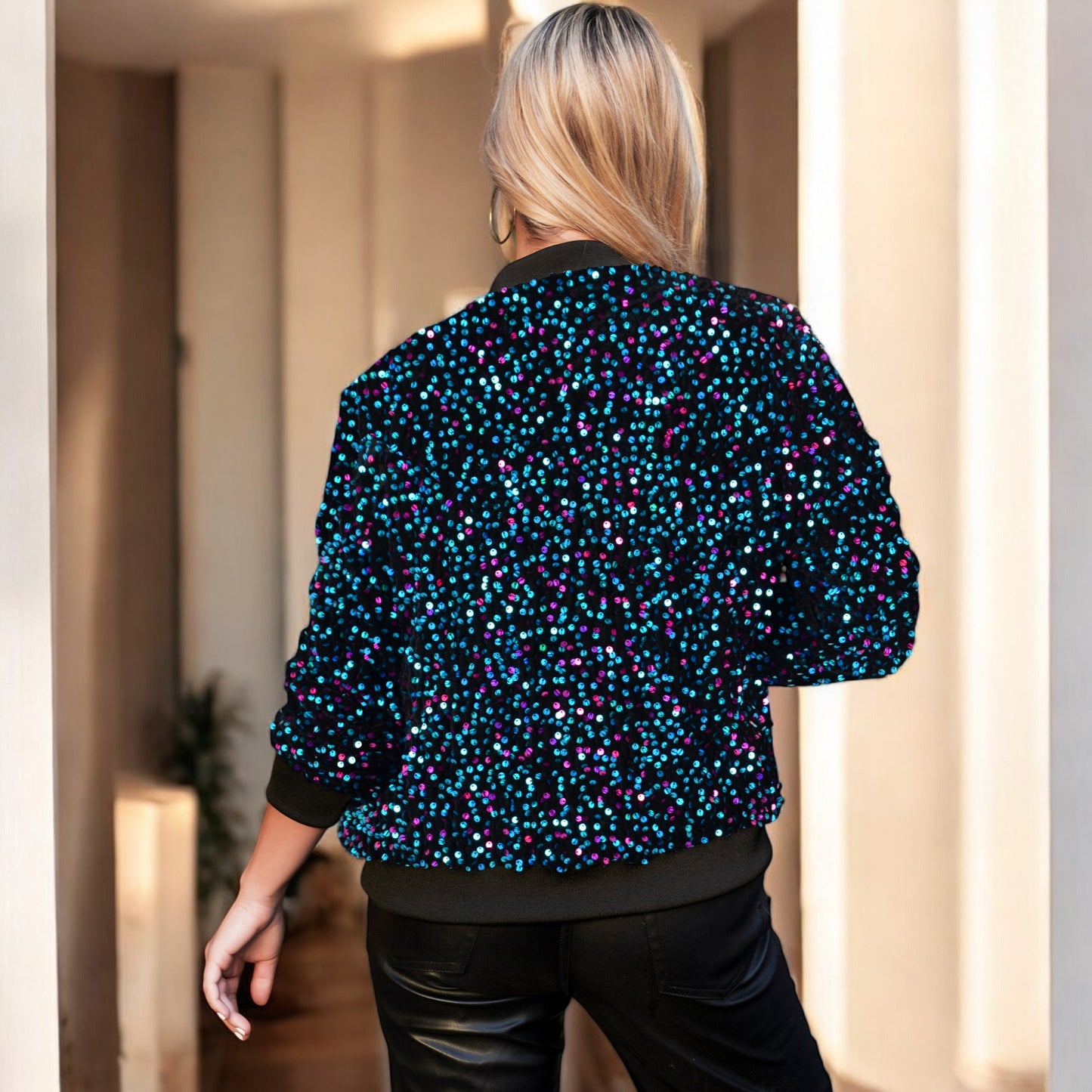 Chaqueta bomber de terciopelo con cremallera y mangas largas con lentejuelas brillantes