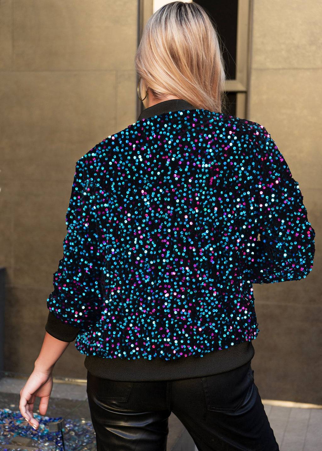 Chaqueta de mujer Anna-Kaci con lentejuelas brillantes, mangas largas con purpurina, cremallera frontal y puños acanalados