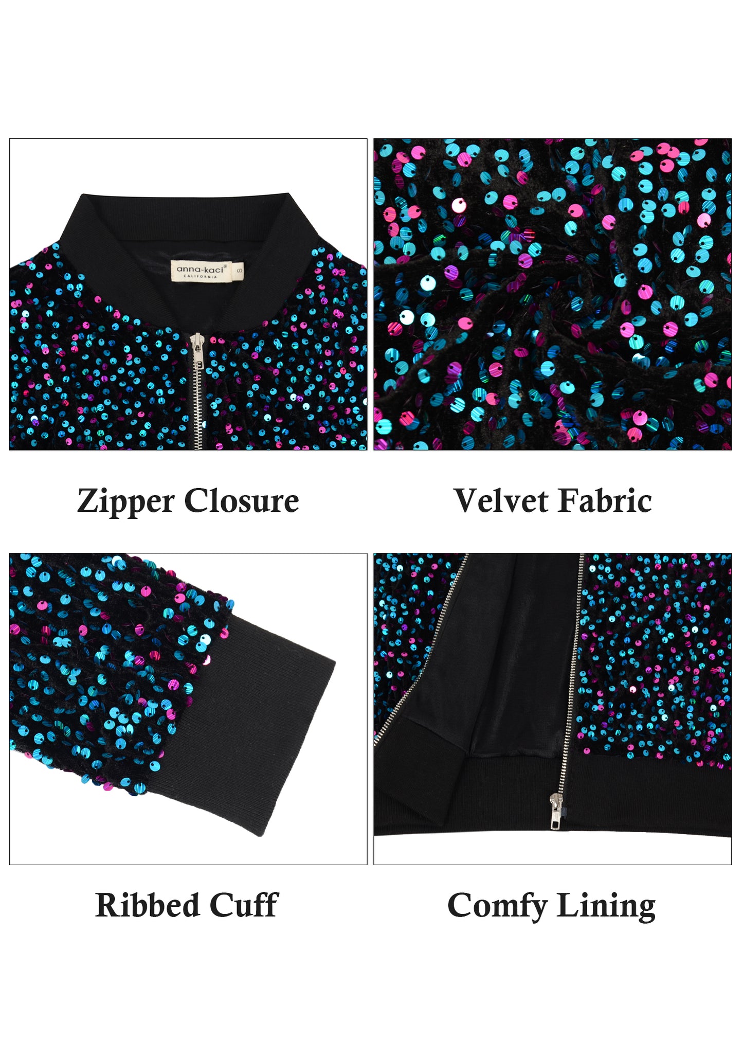 Anna-Kaci Womens Sparkly Sequin Jacket Glitter Long Sleeves Front Zip Up Bomber Jacket with Ribbed Cuffs