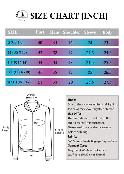 Anna-Kaci Womens Sparkly Sequin Jacket Glitter Long Sleeves Front Zip Up Bomber Jacket with Ribbed Cuffs