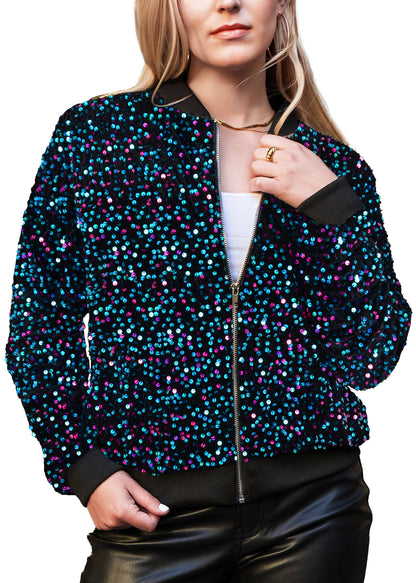 Anna-Kaci Womens Sparkly Sequin Jacket Glitter Long Sleeves Front Zip Up Bomber Jacket with Ribbed Cuffs