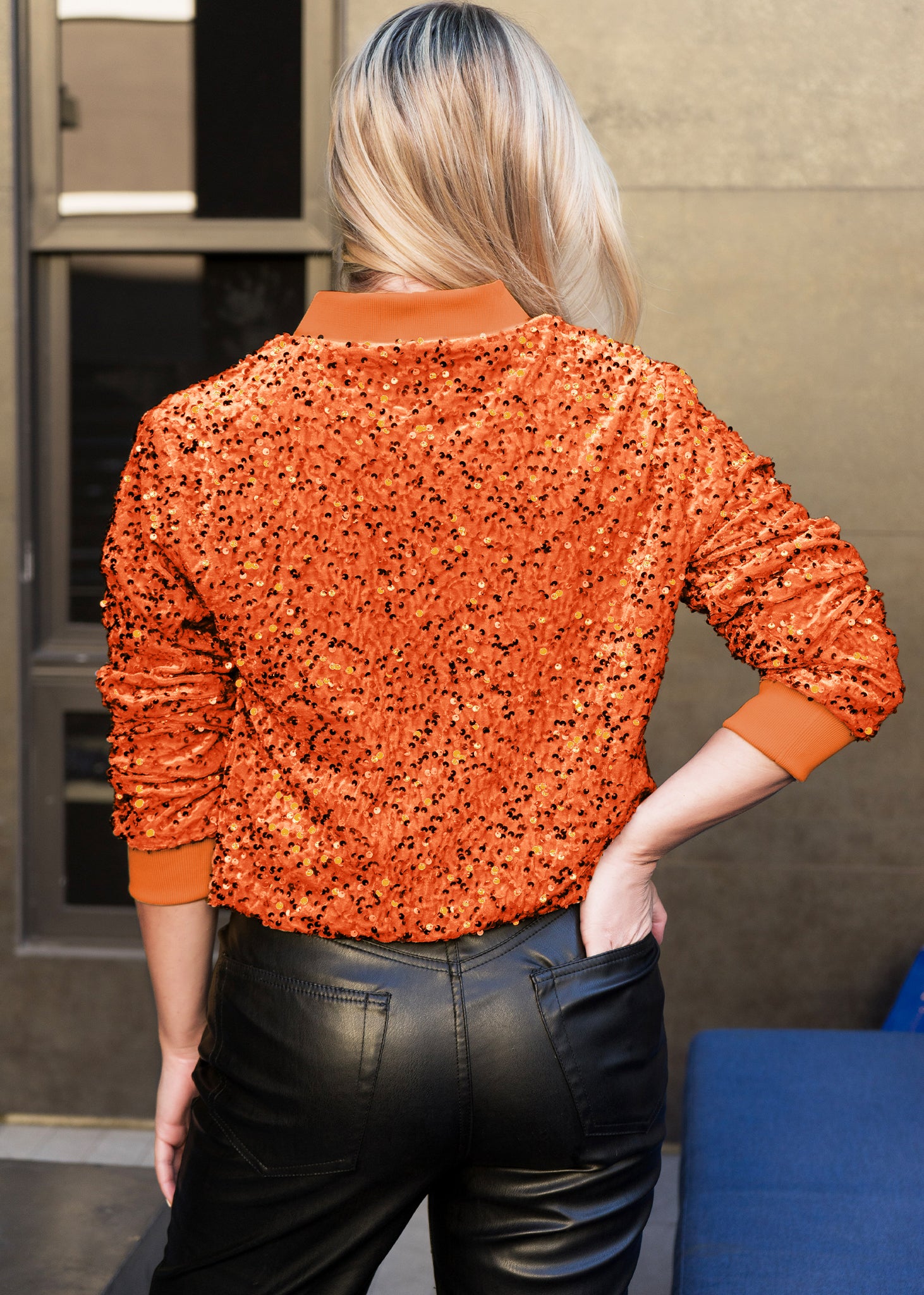 Chaqueta de mujer Anna-Kaci con lentejuelas brillantes, mangas largas con purpurina, cremallera frontal y puños acanalados