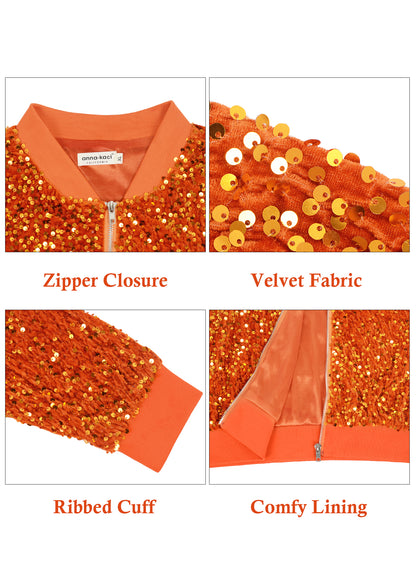 Anna-Kaci Womens Sparkly Sequin Jacket Glitter Long Sleeves Front Zip Up Bomber Jacket with Ribbed Cuffs