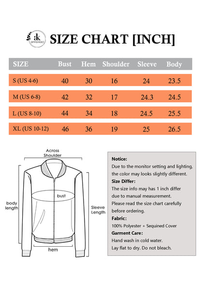 Anna-Kaci Womens Sparkly Sequin Jacket Glitter Long Sleeves Front Zip Up Bomber Jacket with Ribbed Cuffs