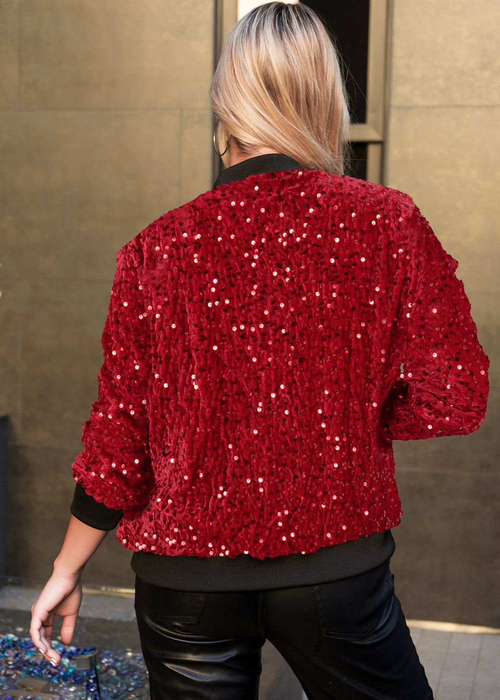 Chaqueta de mujer Anna-Kaci con lentejuelas brillantes, mangas largas con purpurina, cremallera frontal y puños acanalados