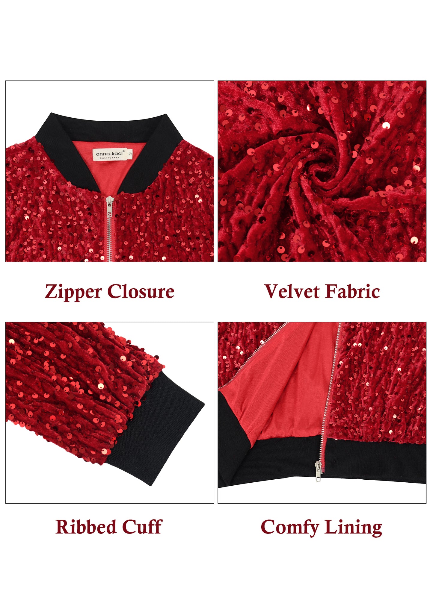 Chaqueta bomber de terciopelo con cremallera y mangas largas con lentejuelas brillantes