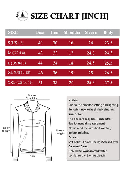 Anna-Kaci Womens Sparkly Sequin Jacket Glitter Long Sleeves Front Zip Up Bomber Jacket with Ribbed Cuffs