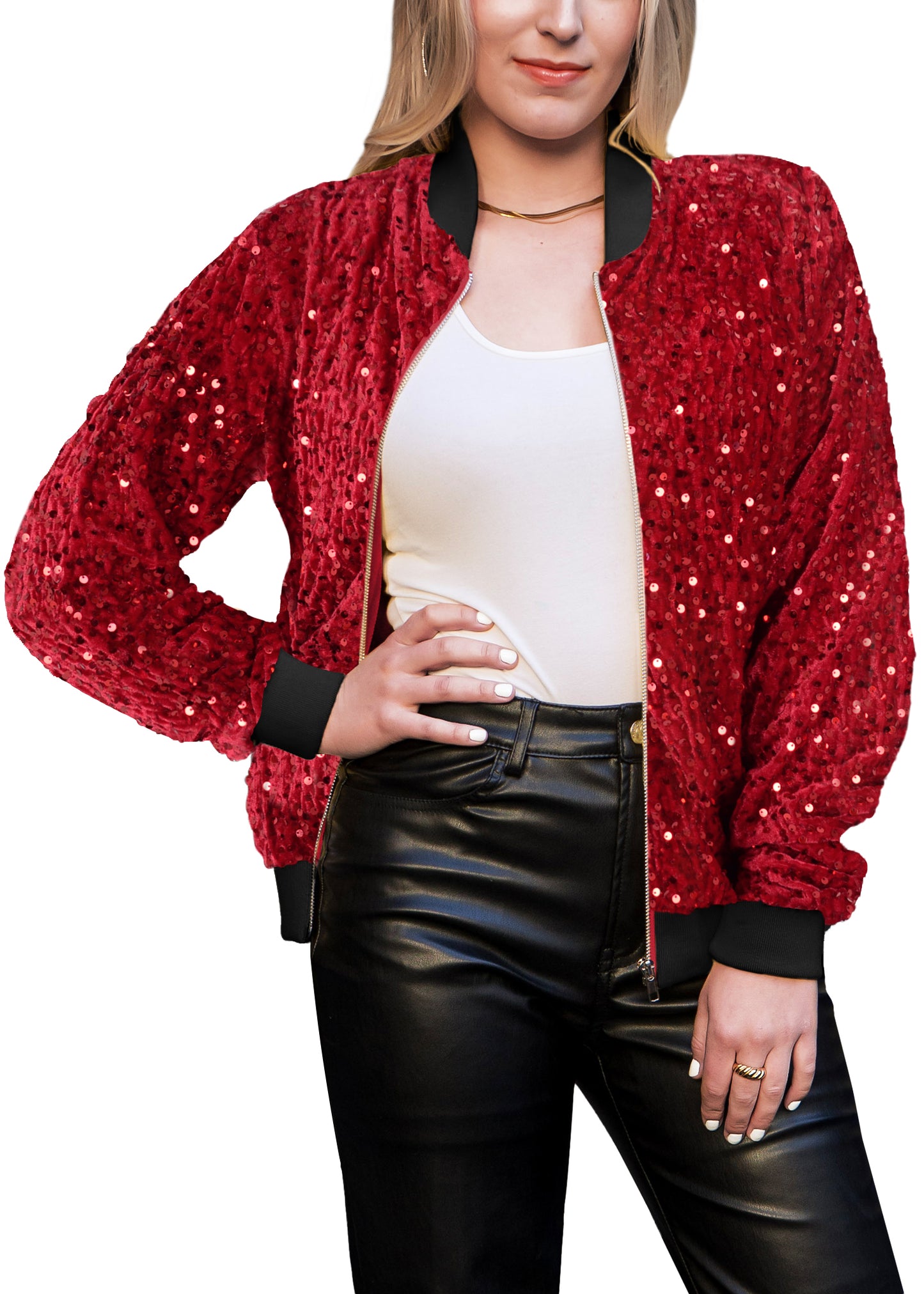 Anna-Kaci Womens Sparkly Sequin Jacket Glitter Long Sleeves Front Zip Up Bomber Jacket with Ribbed Cuffs