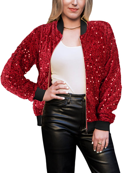 Anna-Kaci Womens Sparkly Sequin Jacket Glitter Long Sleeves Front Zip Up Bomber Jacket with Ribbed Cuffs