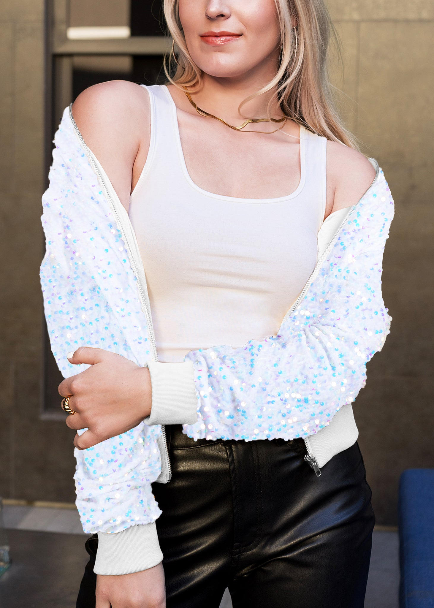 Chaqueta de mujer Anna-Kaci con lentejuelas brillantes, mangas largas con purpurina, cremallera frontal y puños acanalados