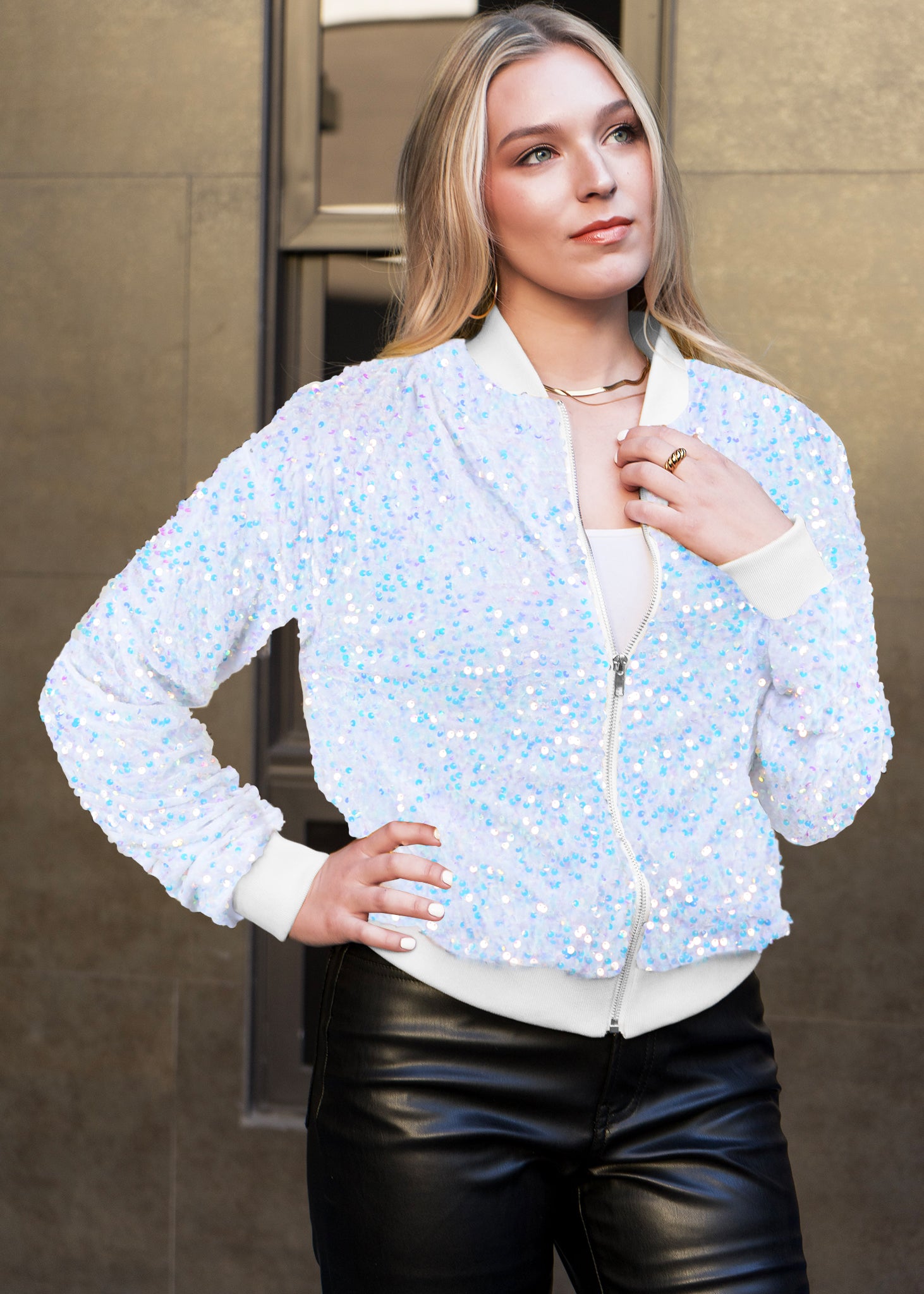 Chaqueta de mujer Anna-Kaci con lentejuelas brillantes, mangas largas con purpurina, cremallera frontal y puños acanalados