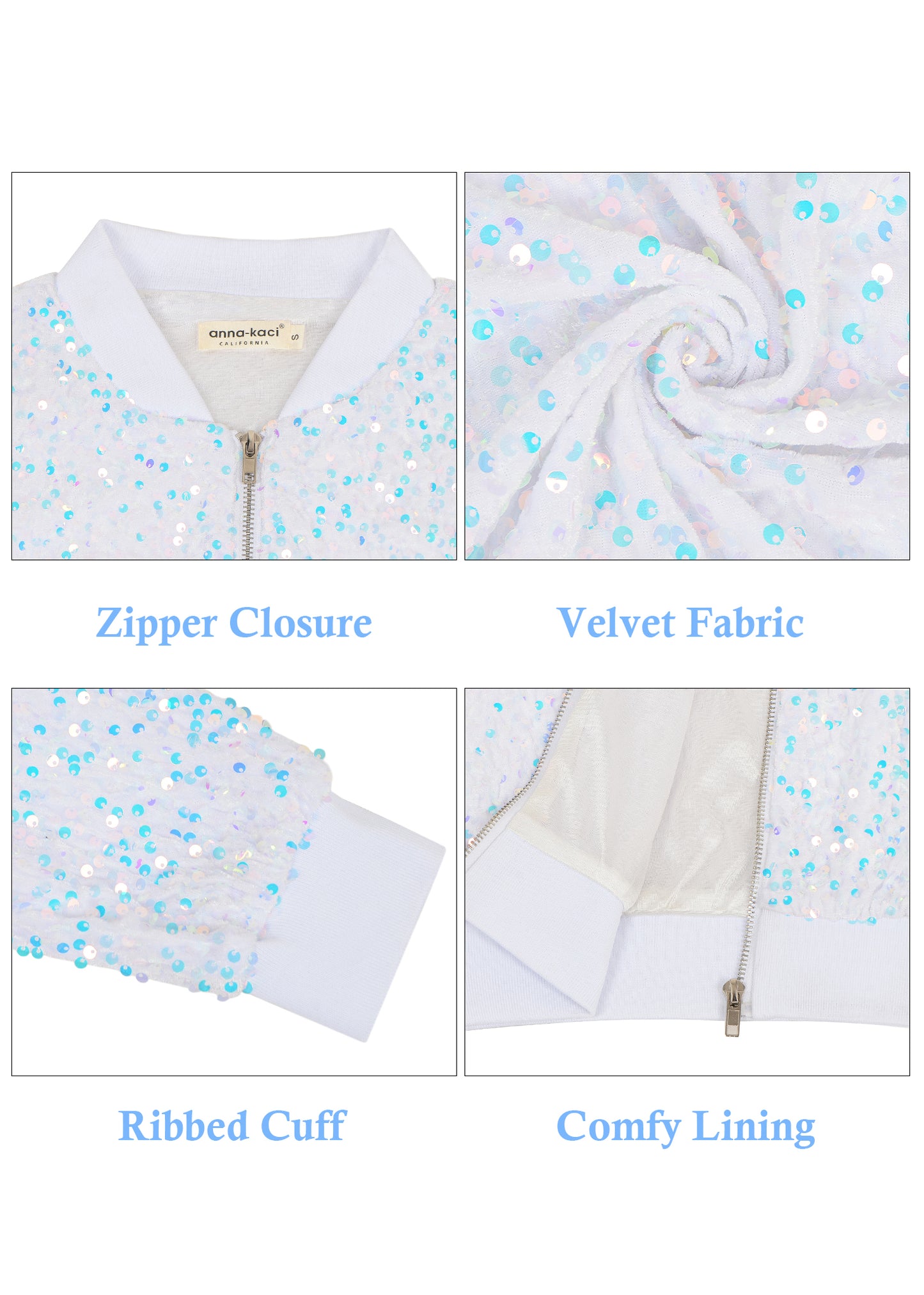 Anna-Kaci Womens Sparkly Sequin Jacket Glitter Long Sleeves Front Zip Up Bomber Jacket with Ribbed Cuffs