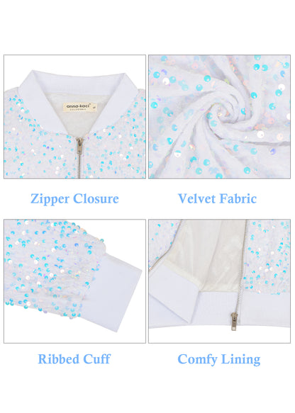 Anna-Kaci Womens Sparkly Sequin Jacket Glitter Long Sleeves Front Zip Up Bomber Jacket with Ribbed Cuffs