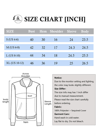 Anna-Kaci Womens Sparkly Sequin Jacket Glitter Long Sleeves Front Zip Up Bomber Jacket with Ribbed Cuffs