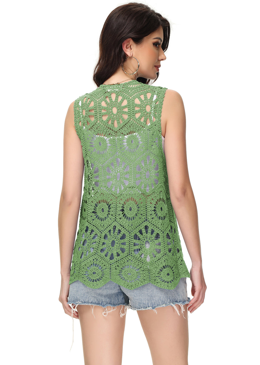 Cárdigan de crochet floral para mujer de Anna-Kaci, sin mangas, con ribete de encaje y chaleco abierto al frente
