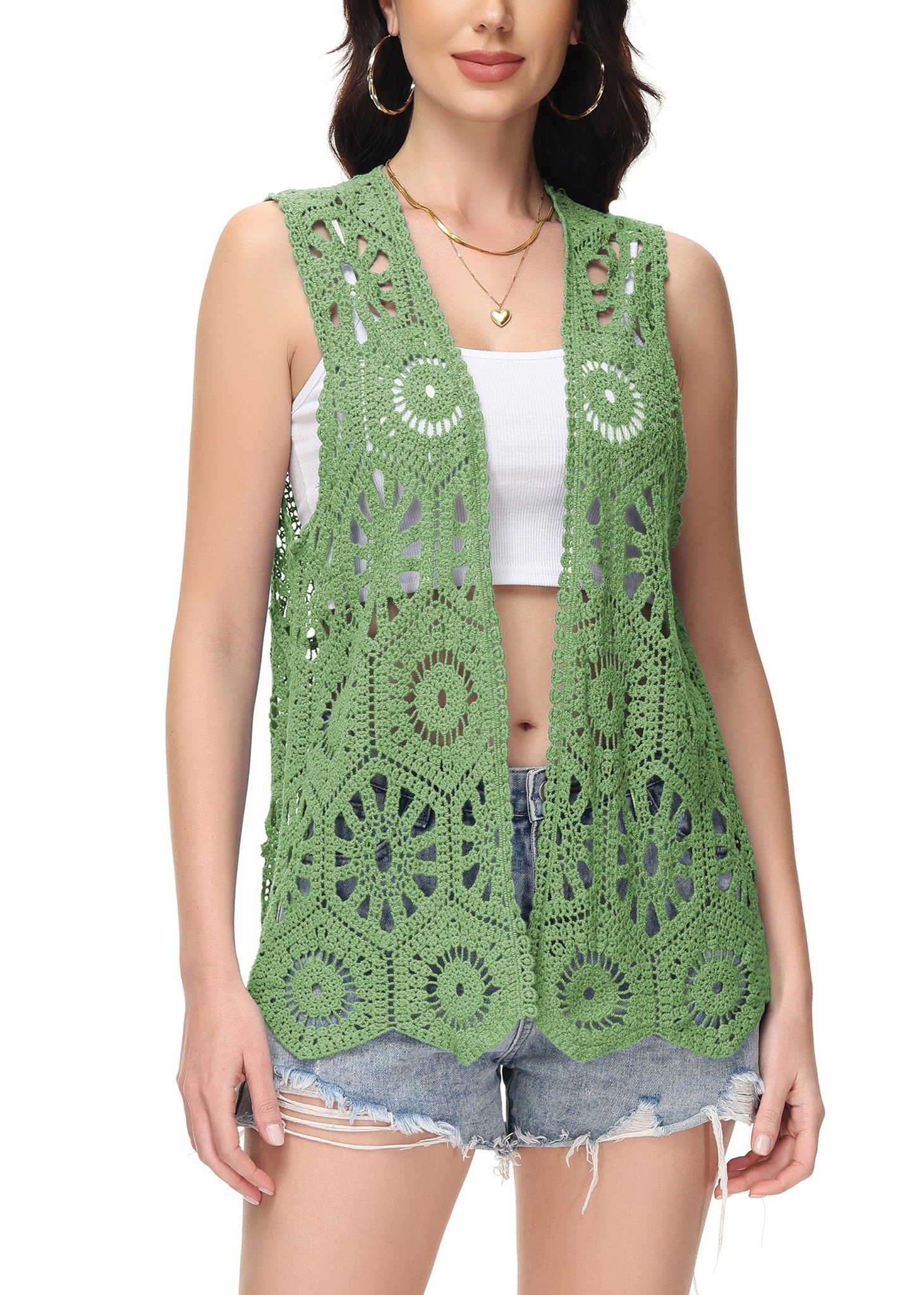 Cárdigan de crochet floral para mujer de Anna-Kaci, sin mangas, con ribete de encaje y chaleco abierto al frente