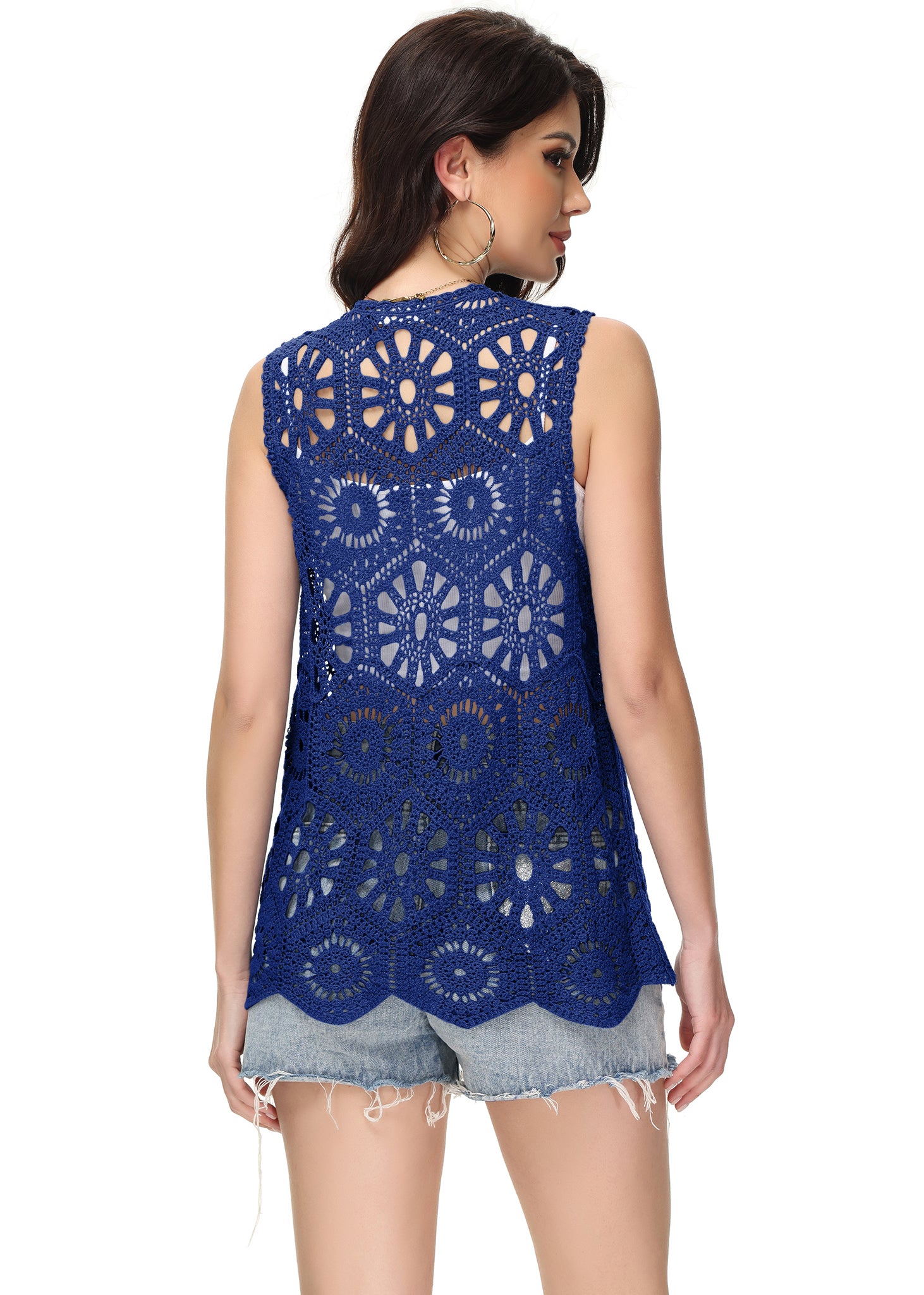 Cárdigan de crochet floral para mujer de Anna-Kaci, sin mangas, con ribete de encaje y chaleco abierto al frente