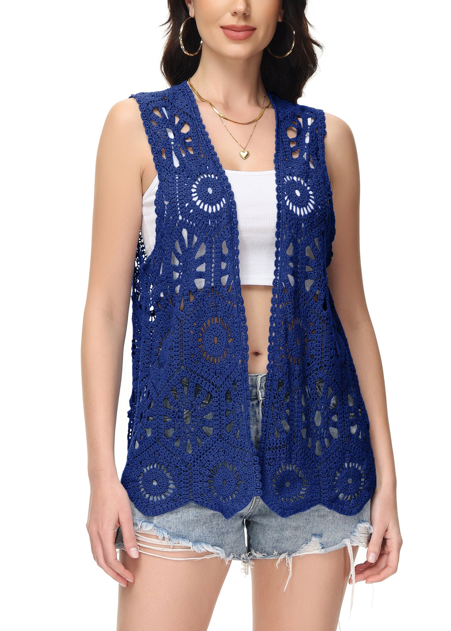 Cárdigan de crochet floral para mujer de Anna-Kaci, sin mangas, con ribete de encaje y chaleco abierto al frente