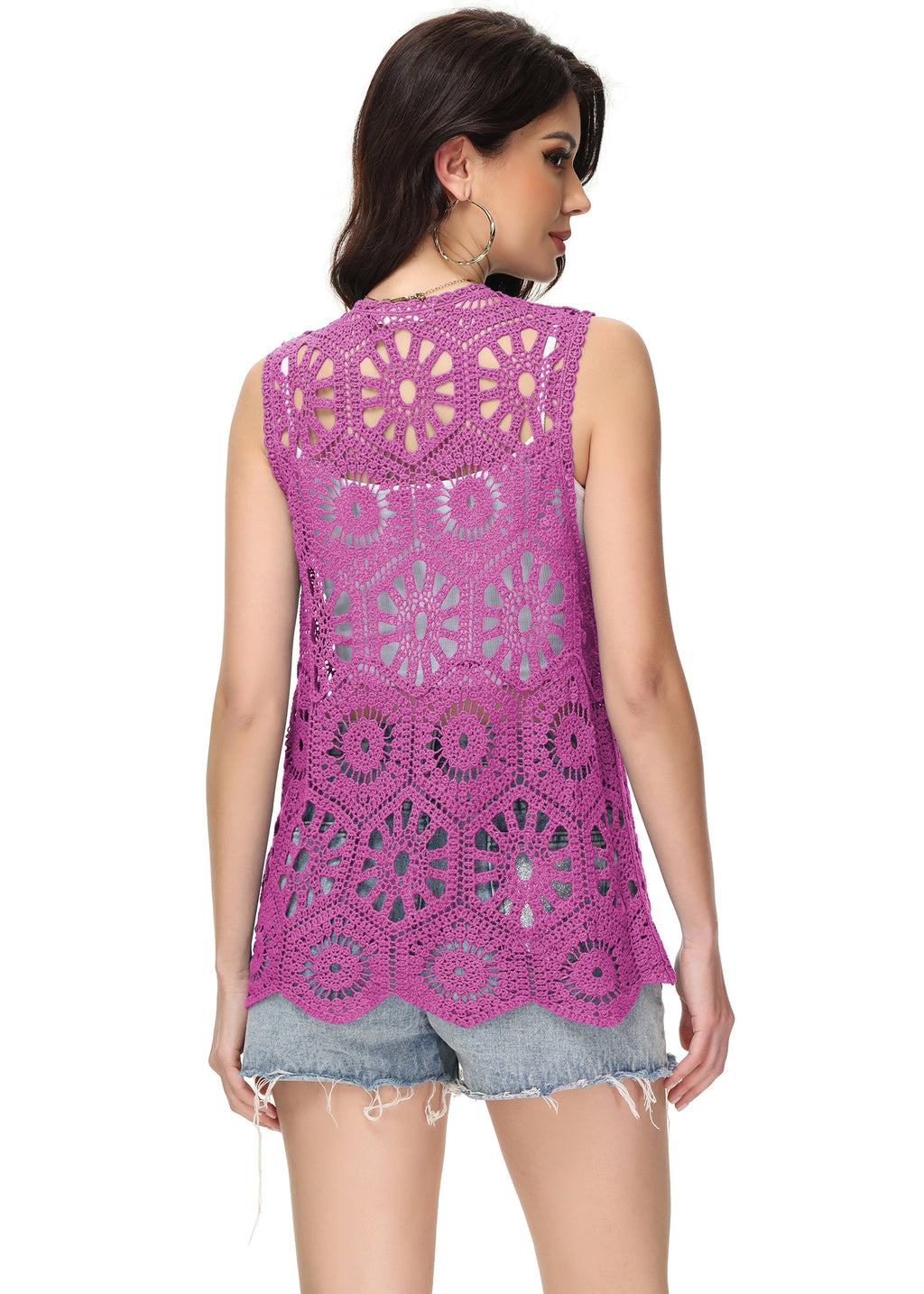 Cárdigan de crochet floral para mujer de Anna-Kaci, sin mangas, con ribete de encaje y chaleco abierto al frente
