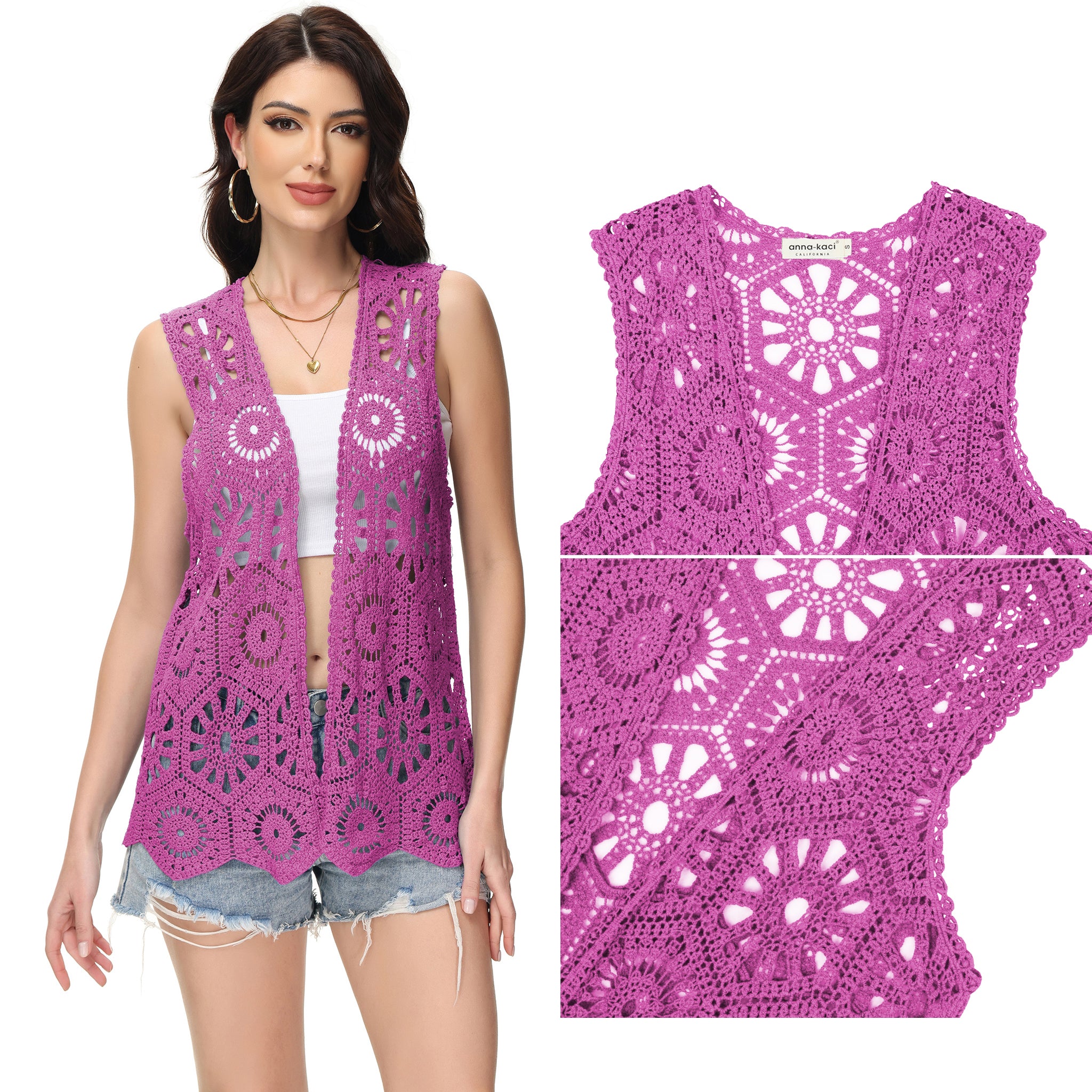 Cárdigan de crochet floral para mujer de Anna-Kaci, sin mangas, con ribete de encaje y chaleco abierto al frente