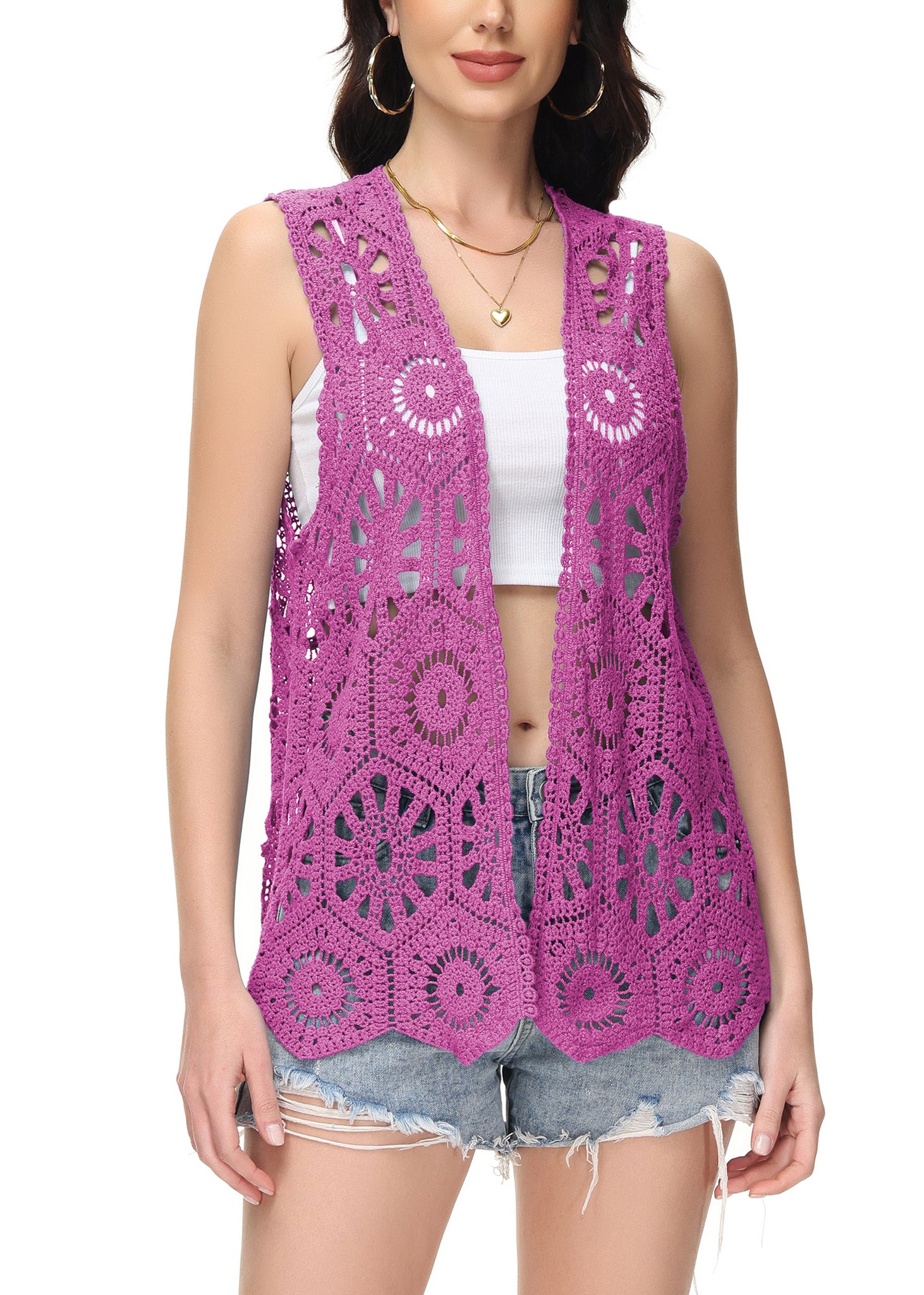Cárdigan de crochet floral para mujer de Anna-Kaci, sin mangas, con ribete de encaje y chaleco abierto al frente