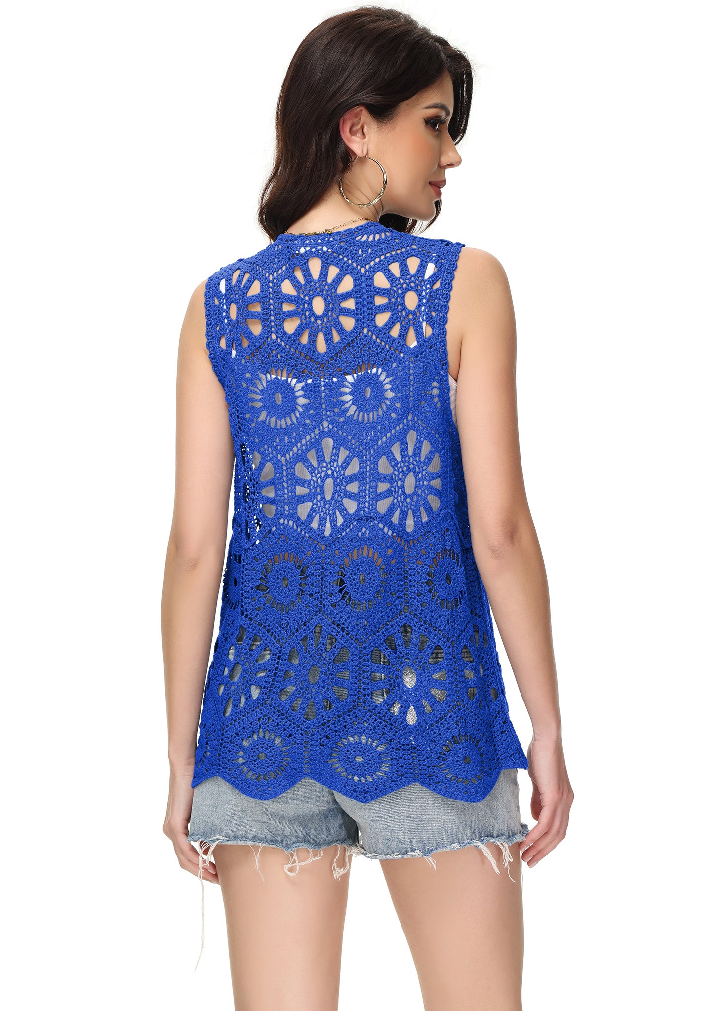 Cárdigan de crochet floral para mujer de Anna-Kaci, sin mangas, con ribete de encaje y chaleco abierto al frente