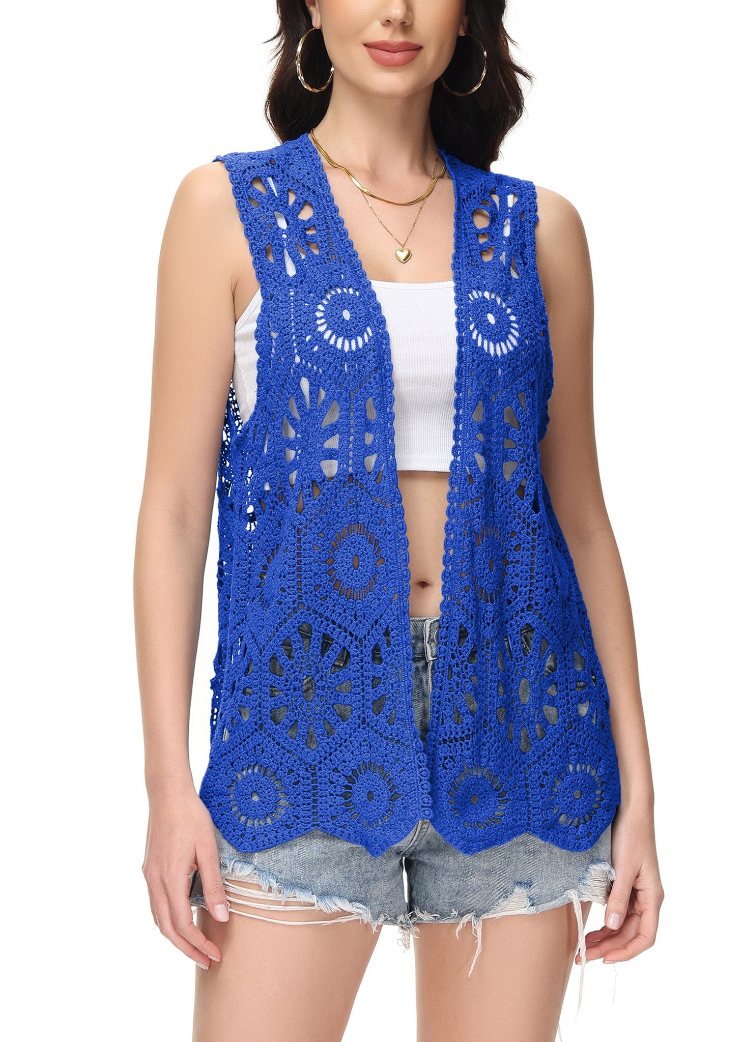 Cárdigan de crochet floral para mujer de Anna-Kaci, sin mangas, con ribete de encaje y chaleco abierto al frente
