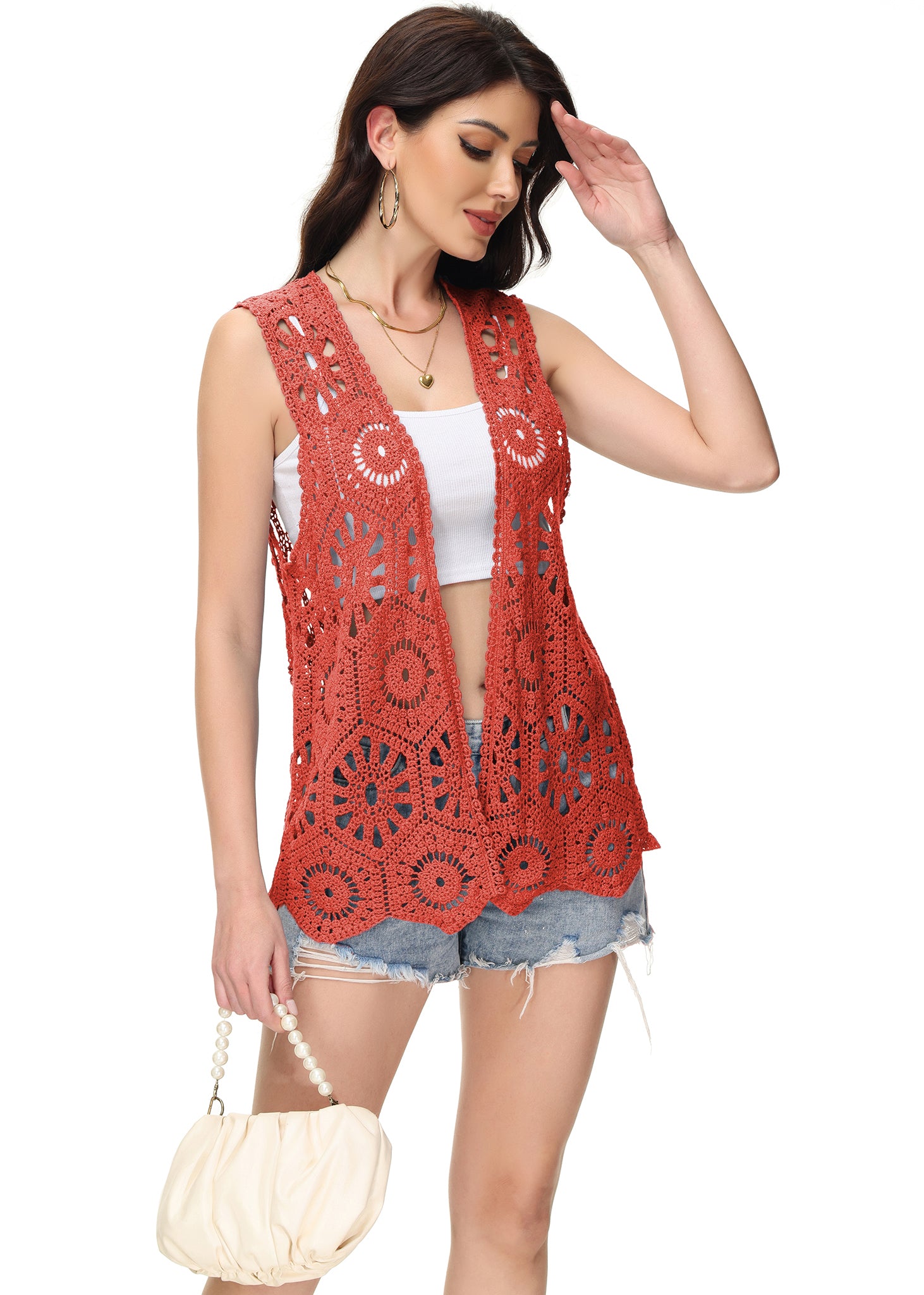 Cárdigan de crochet floral para mujer de Anna-Kaci, sin mangas, con ribete de encaje y chaleco abierto al frente