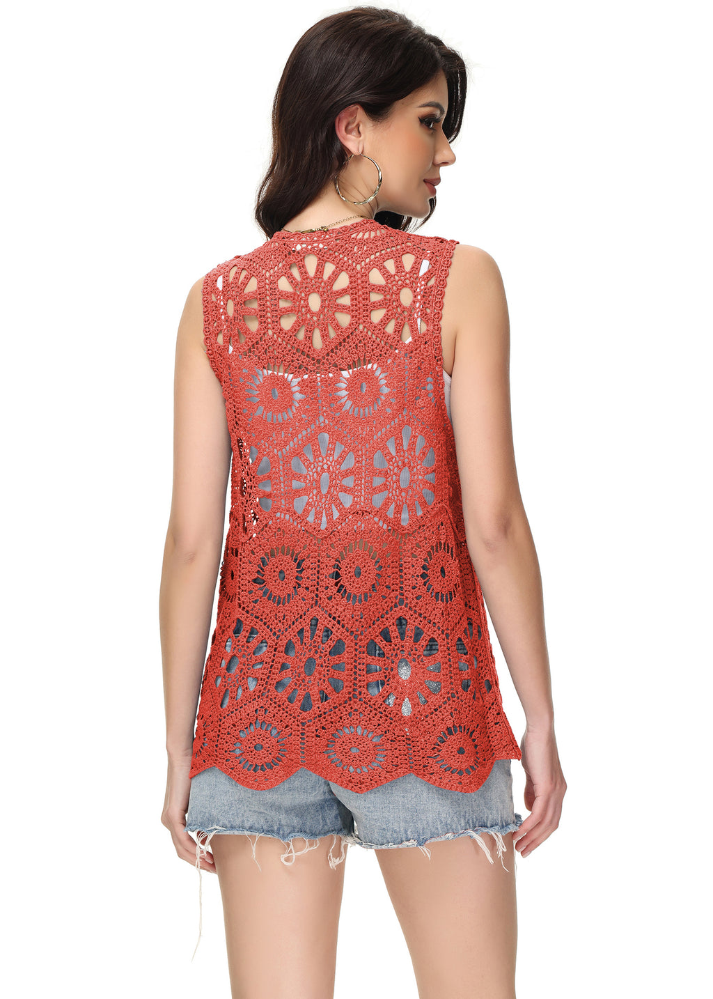 Cárdigan de crochet floral para mujer de Anna-Kaci, sin mangas, con ribete de encaje y chaleco abierto al frente