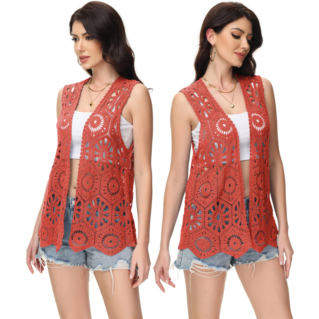 Cárdigan de crochet floral para mujer de Anna-Kaci, sin mangas, con ribete de encaje y chaleco abierto al frente