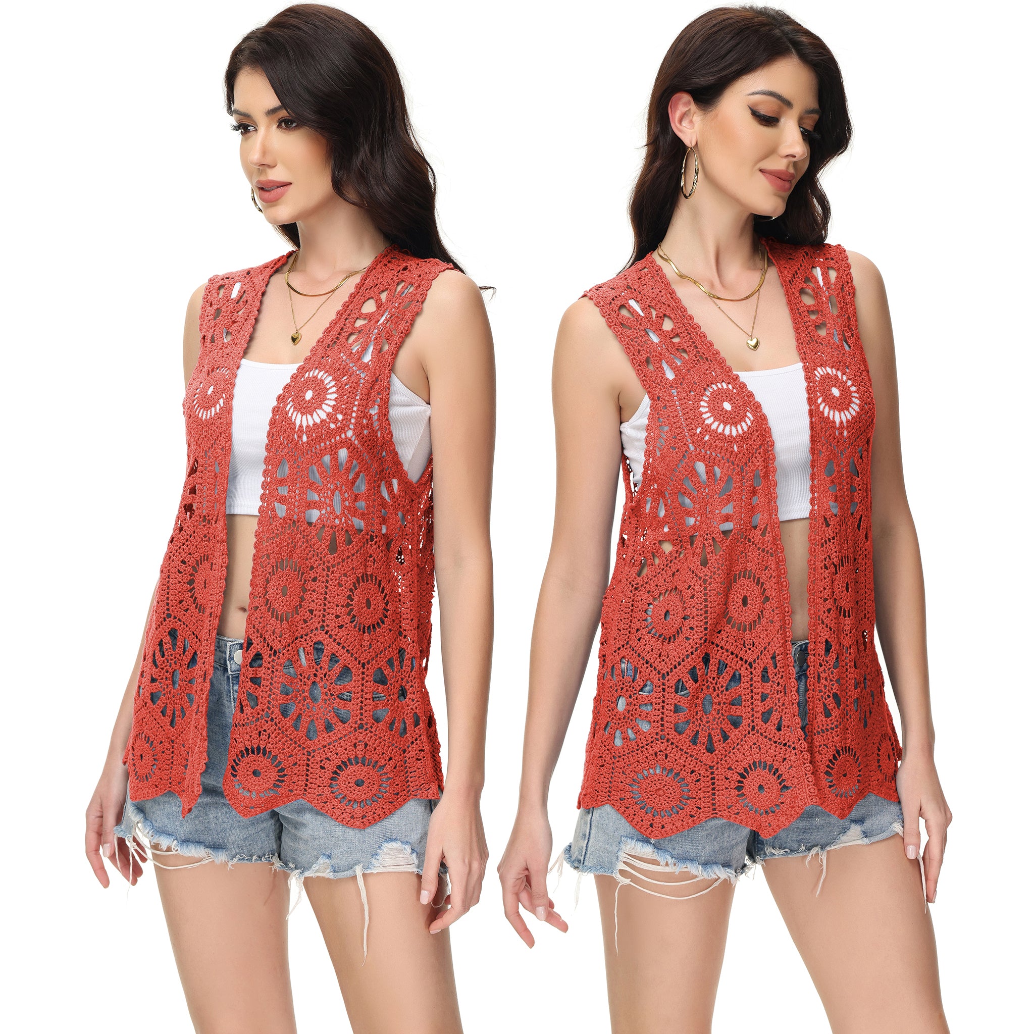 Cárdigan de crochet floral para mujer de Anna-Kaci, sin mangas, con ribete de encaje y chaleco abierto al frente