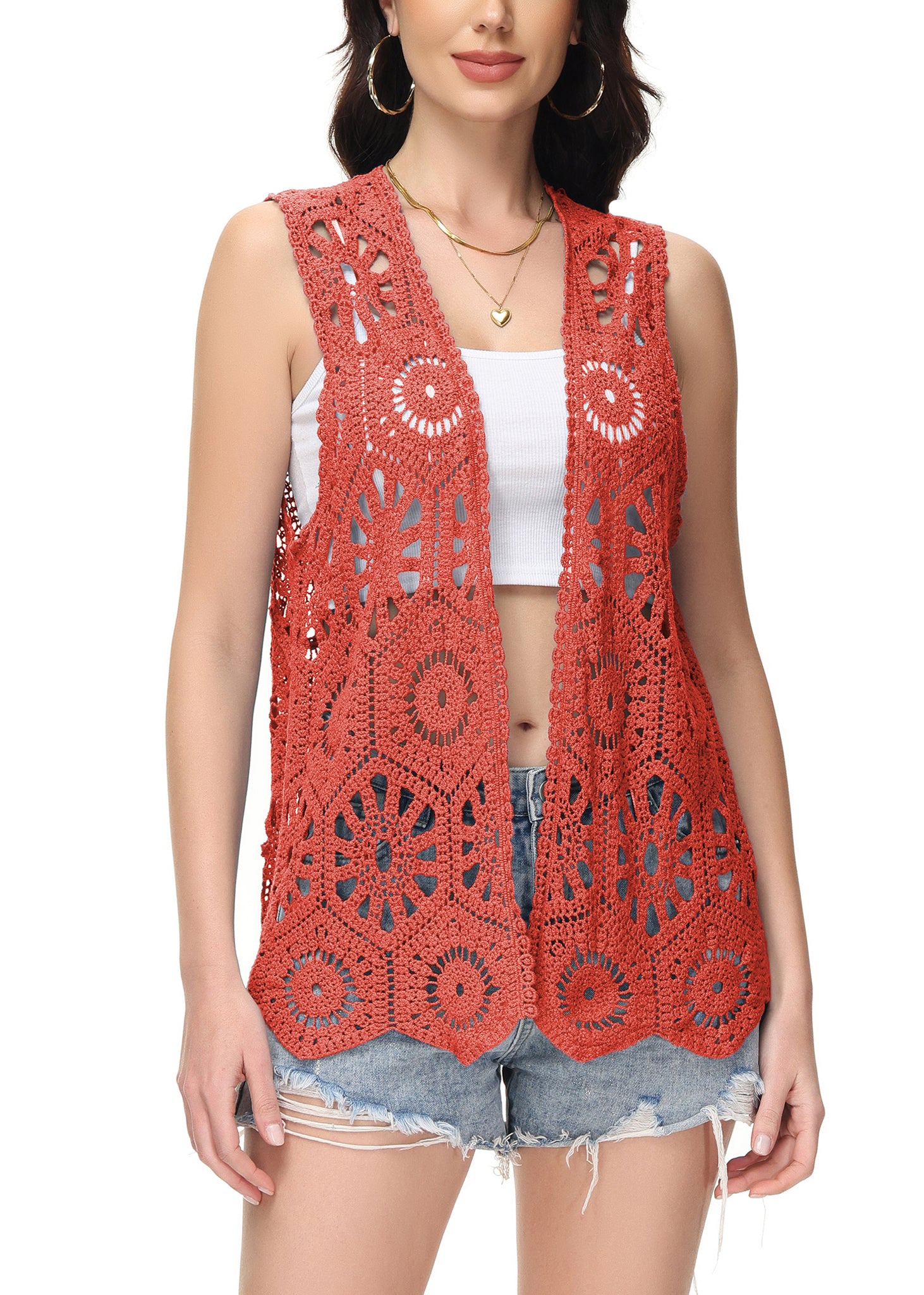 Cárdigan de crochet floral para mujer de Anna-Kaci, sin mangas, con ribete de encaje y chaleco abierto al frente