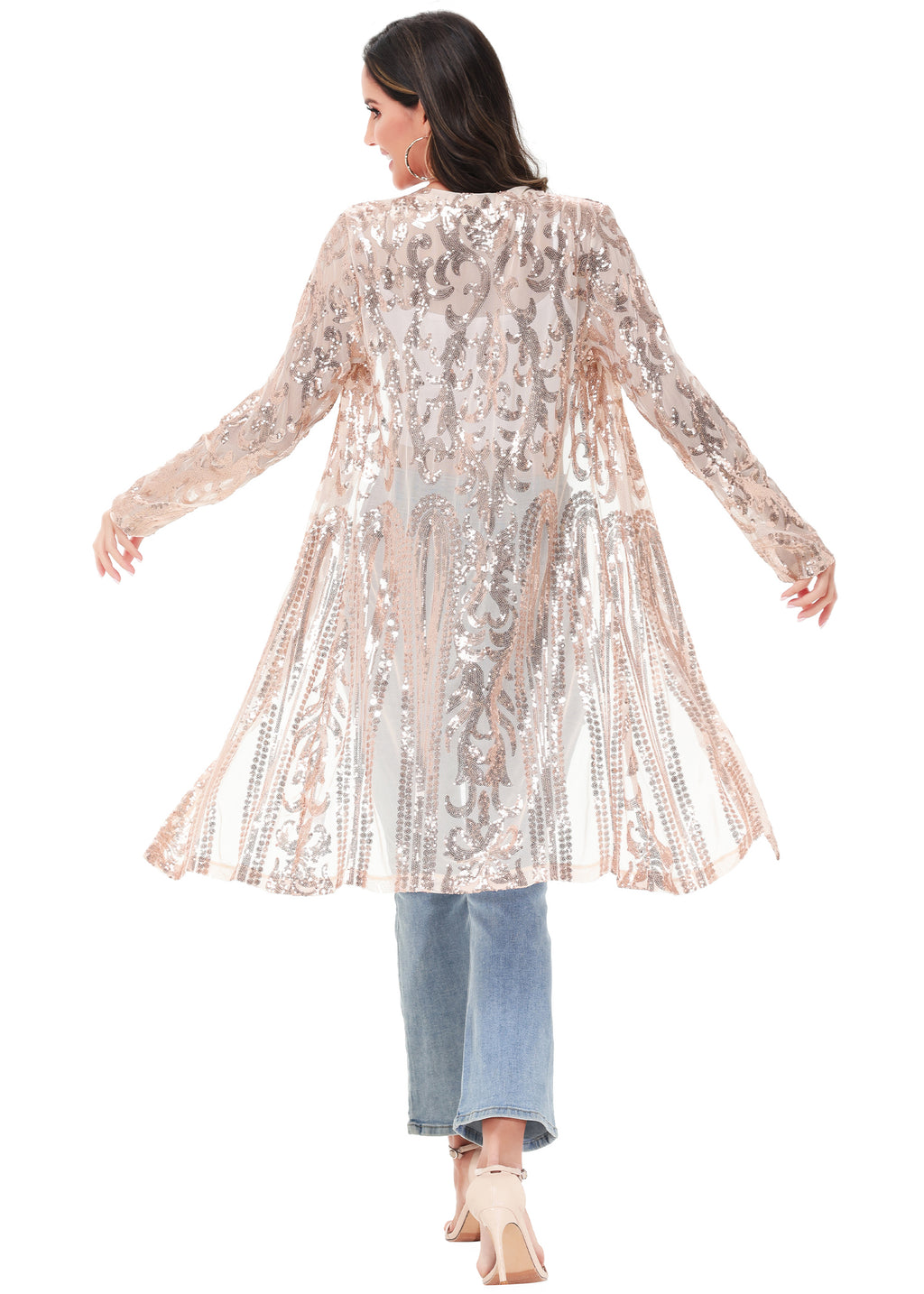Cárdigan con lentejuelas brillantes para mujer de Anna-Kaci, manga larga, frente abierto, kimono con purpurina