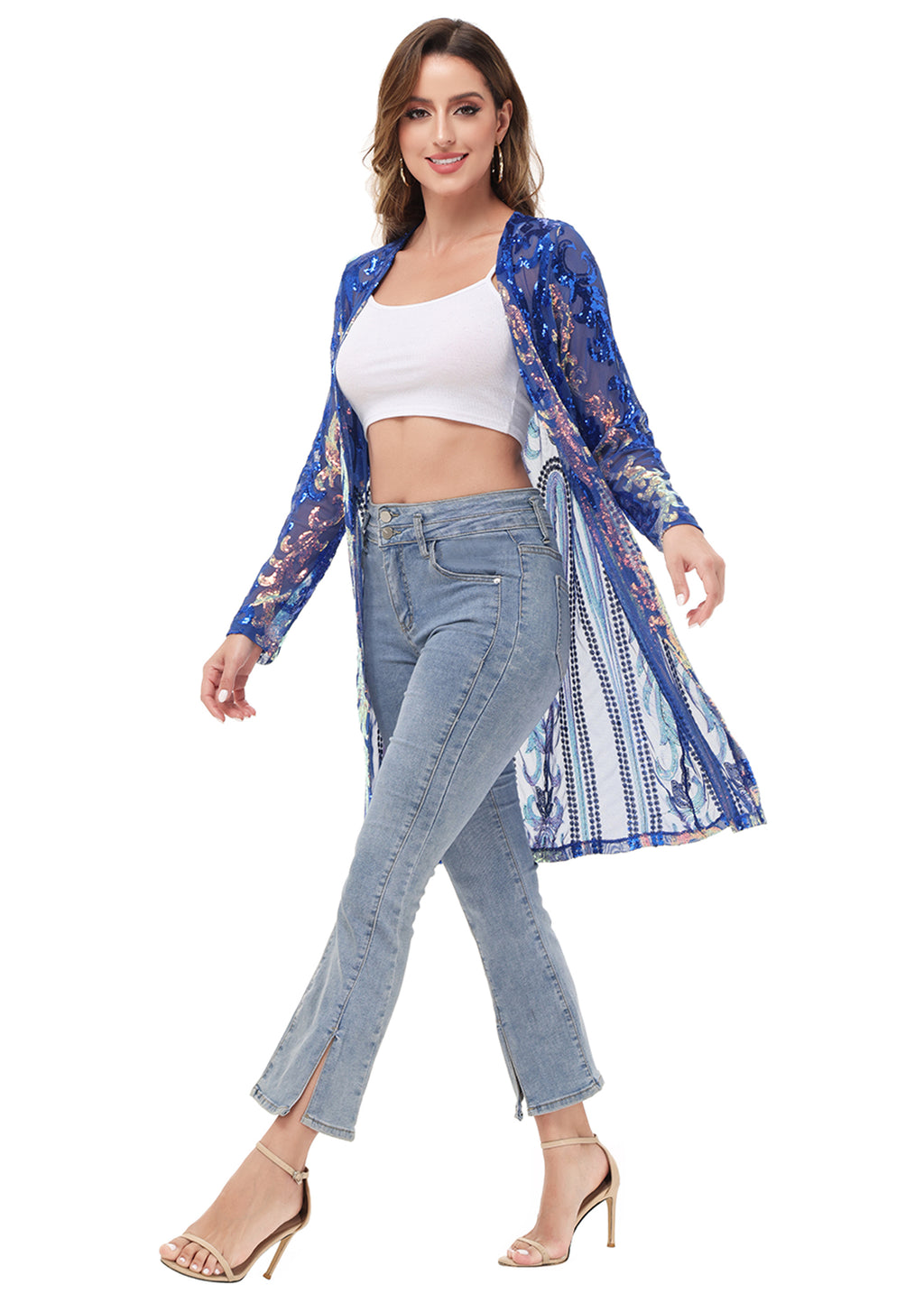 Cárdigan con lentejuelas brillantes para mujer de Anna-Kaci, manga larga, frente abierto, kimono con purpurina