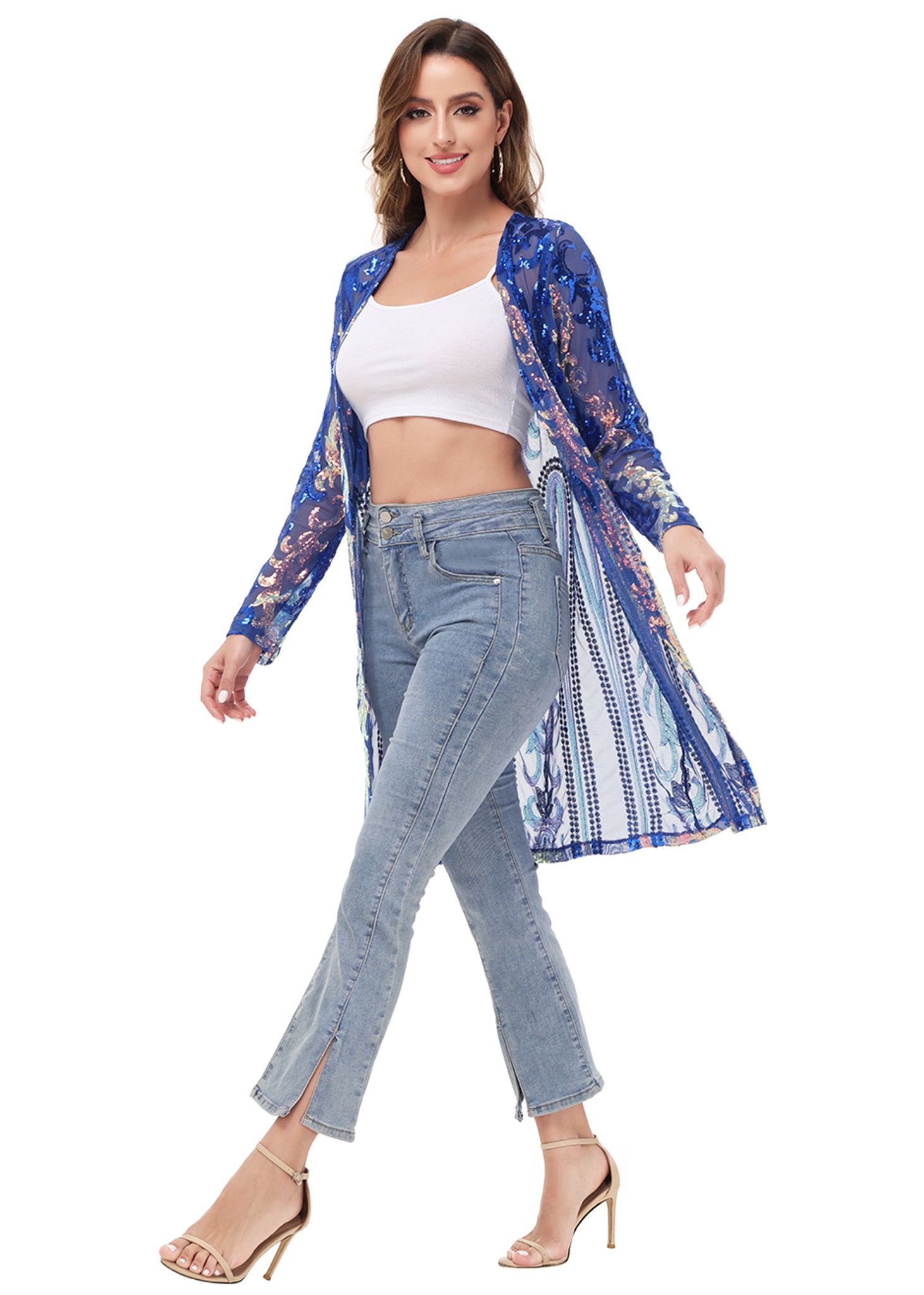 Cárdigan con lentejuelas brillantes para mujer de Anna-Kaci, manga larga, frente abierto, kimono con purpurina