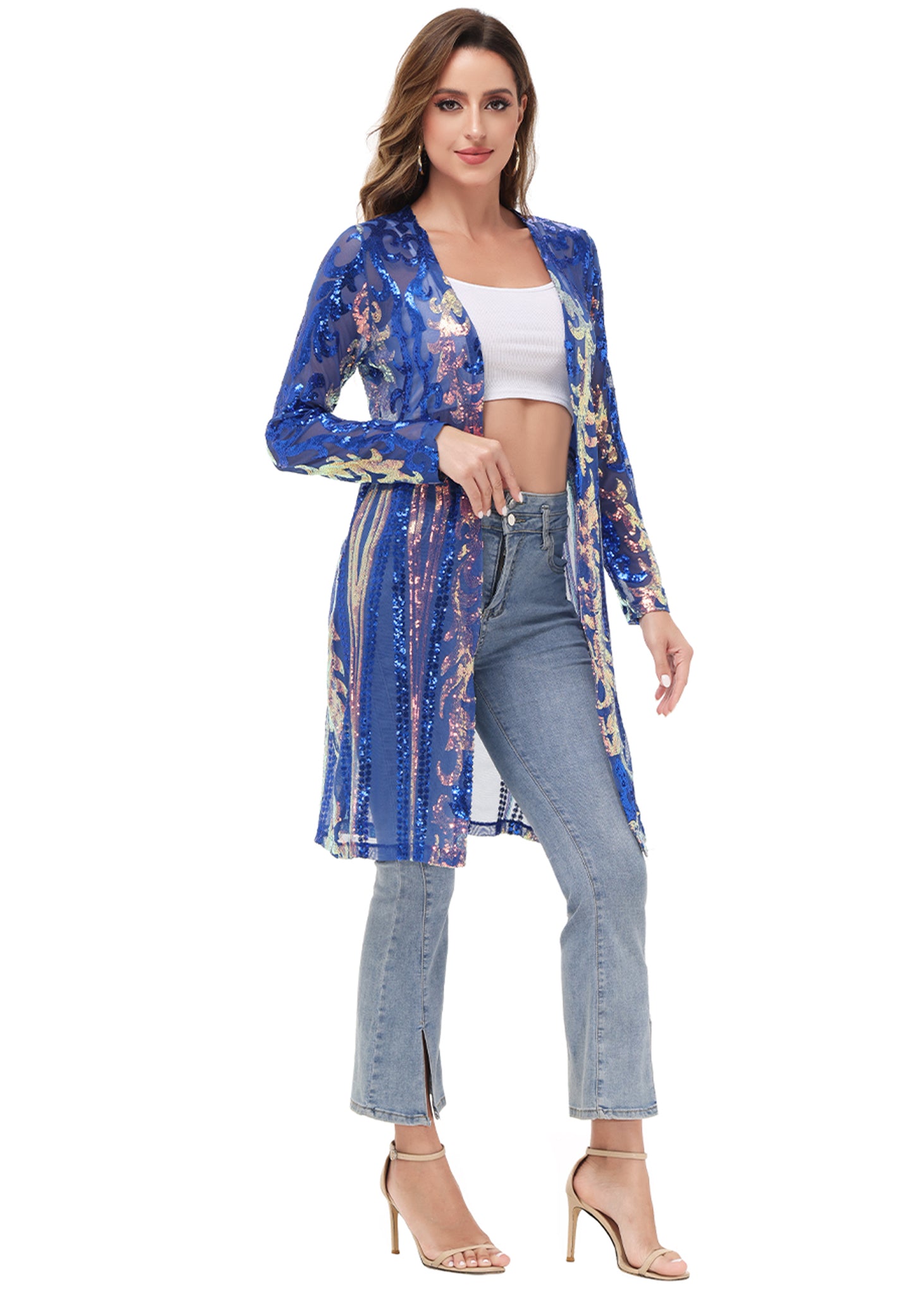 Cárdigan con lentejuelas brillantes para mujer de Anna-Kaci, manga larga, frente abierto, kimono con purpurina