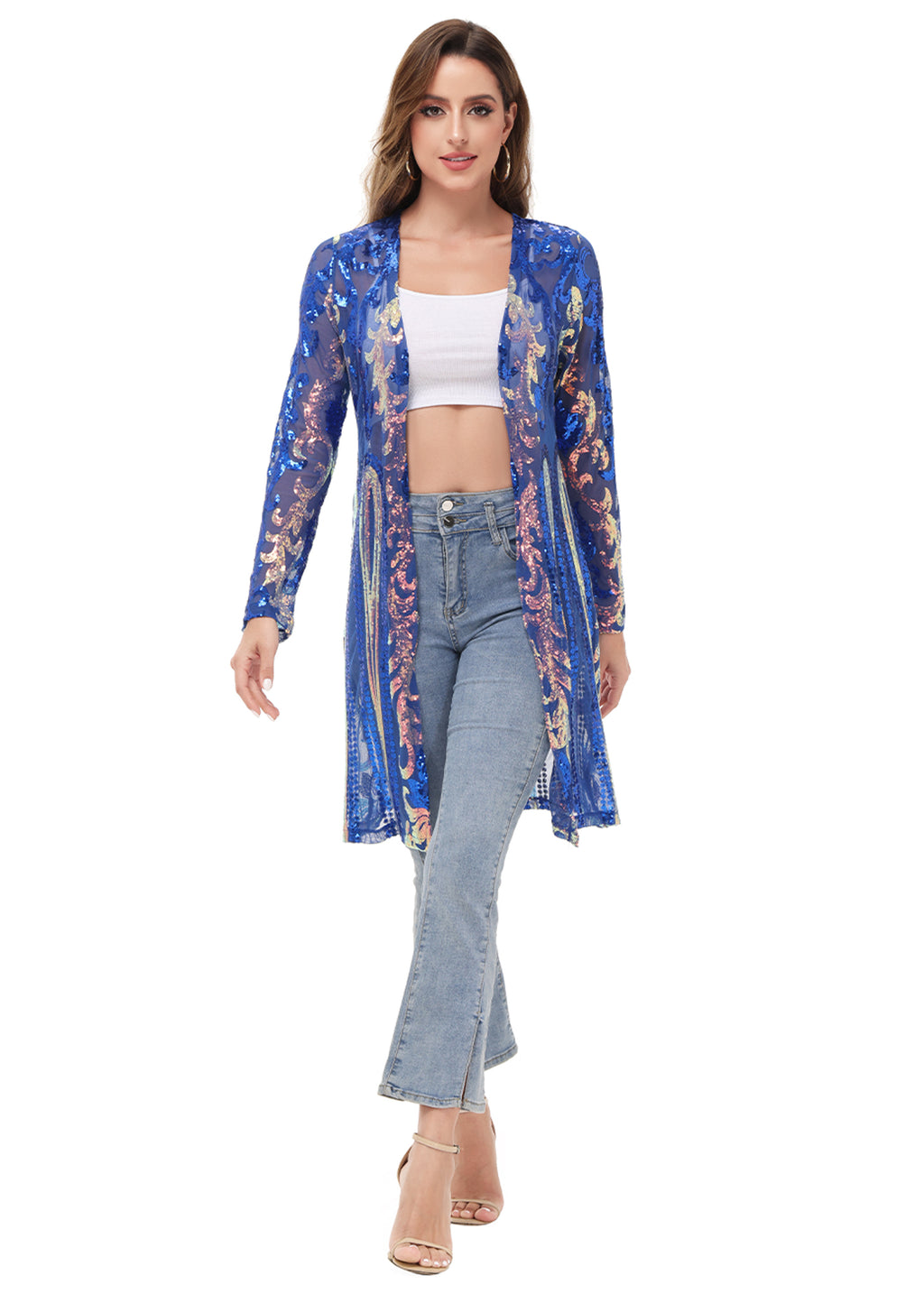 Cárdigan con lentejuelas brillantes para mujer de Anna-Kaci, manga larga, frente abierto, kimono con purpurina