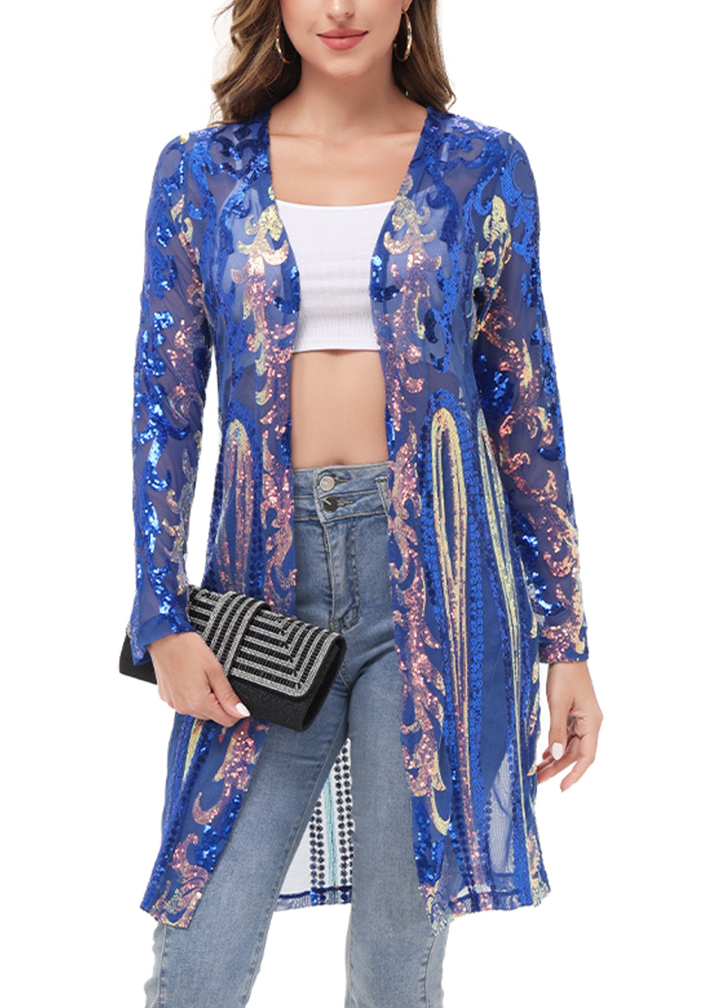 Cárdigan con lentejuelas brillantes para mujer de Anna-Kaci, manga larga, frente abierto, kimono con purpurina