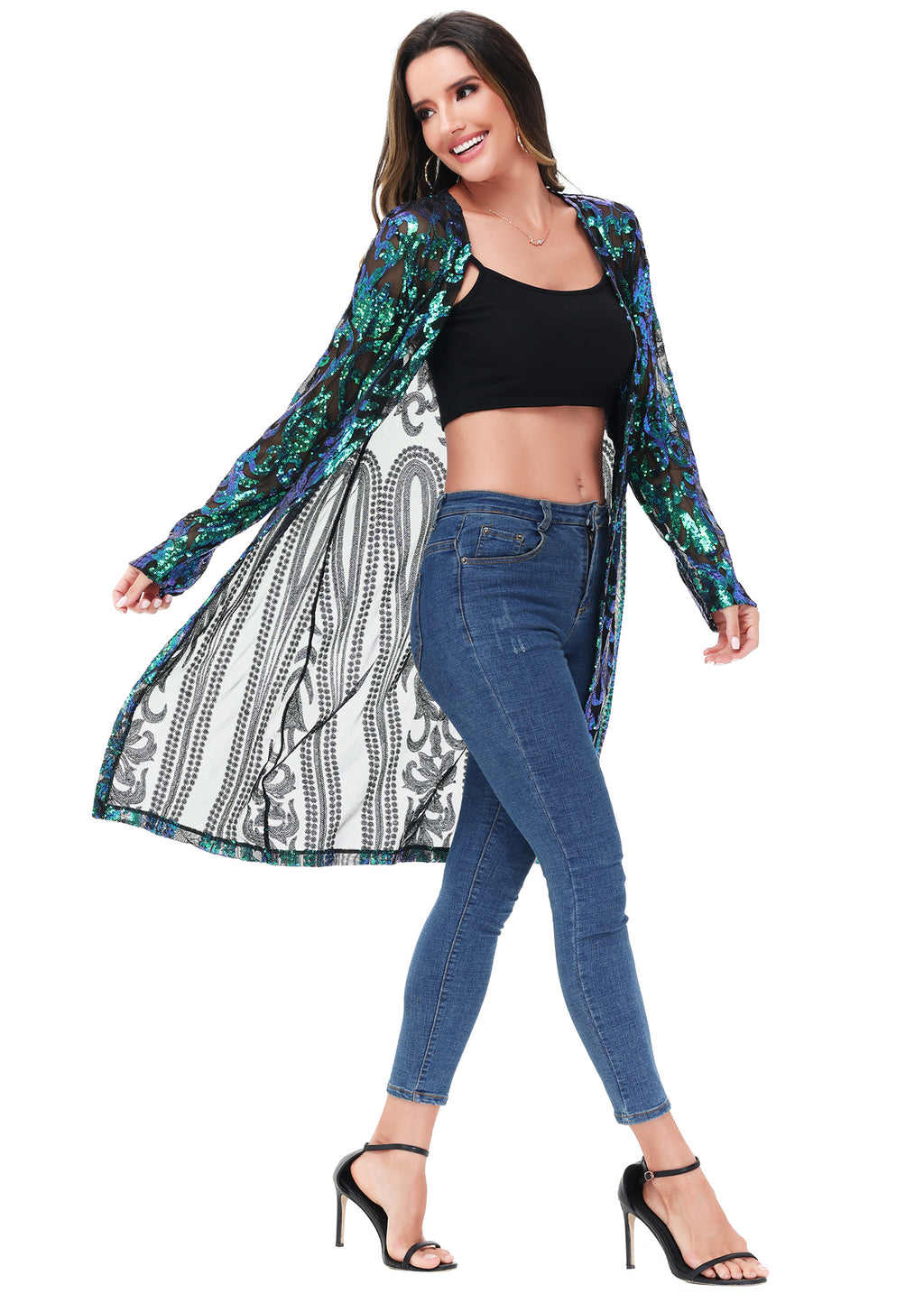 Cárdigan con lentejuelas brillantes para mujer de Anna-Kaci, manga larga, frente abierto, kimono con purpurina