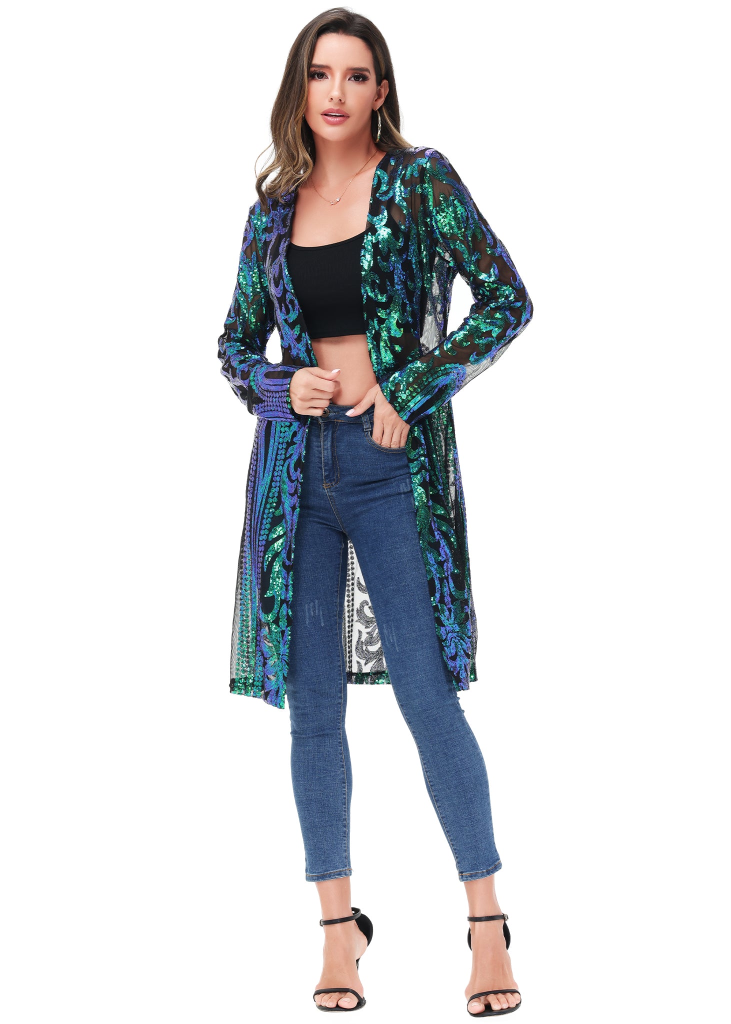 Cárdigan con lentejuelas brillantes para mujer de Anna-Kaci, manga larga, frente abierto, kimono con purpurina