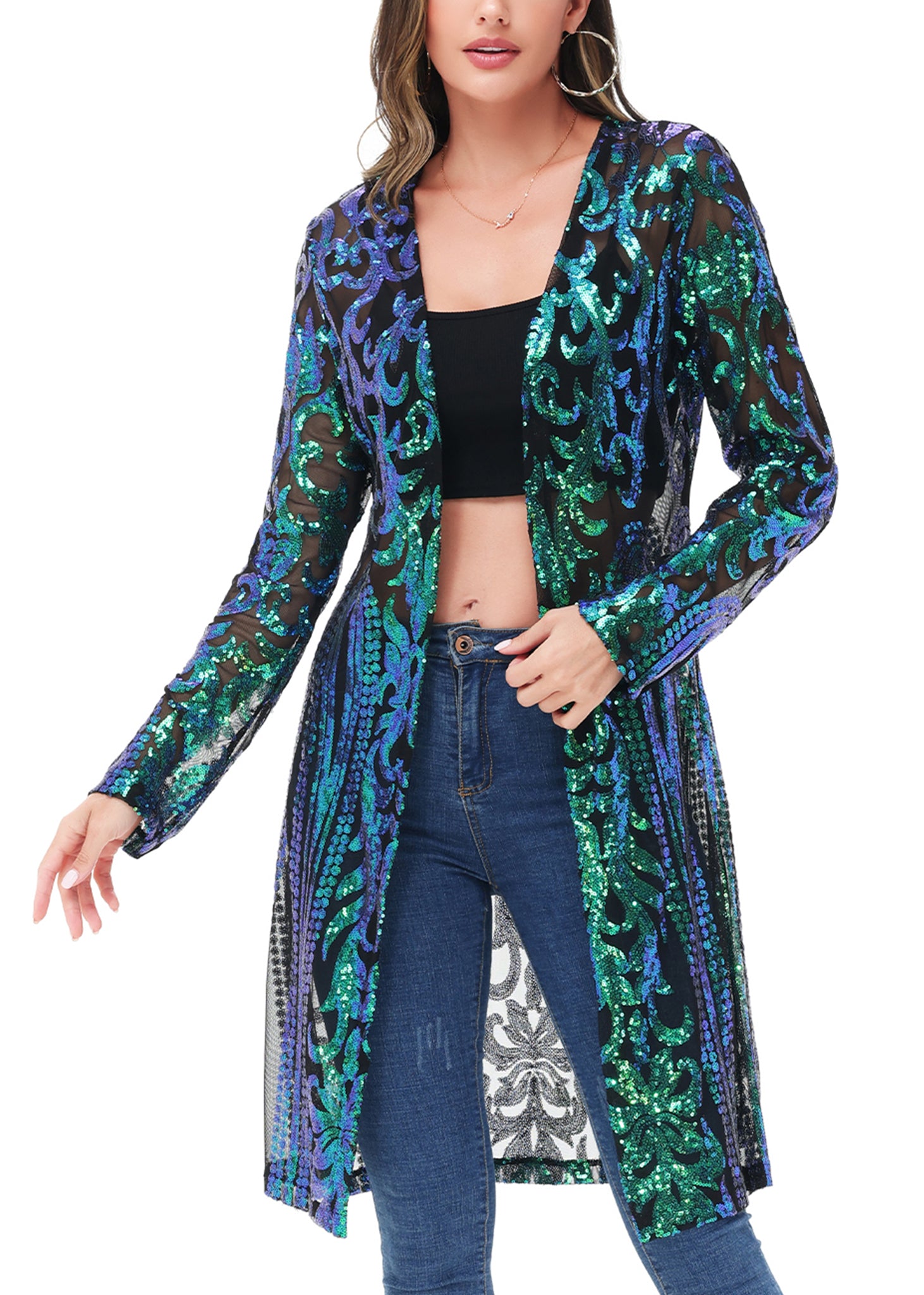 Cárdigan con lentejuelas brillantes para mujer de Anna-Kaci, manga larga, frente abierto, kimono con purpurina