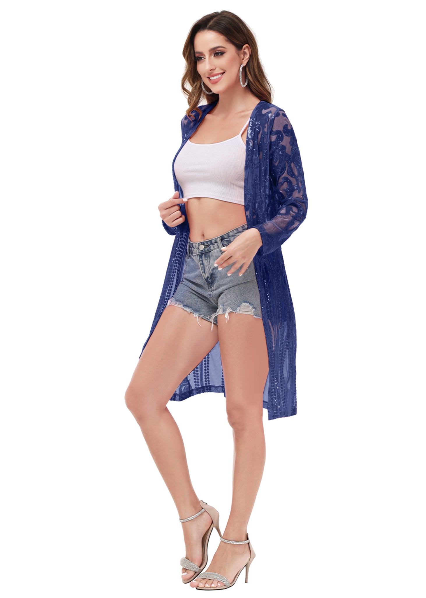 Cárdigan con lentejuelas brillantes para mujer de Anna-Kaci, manga larga, frente abierto, kimono con purpurina