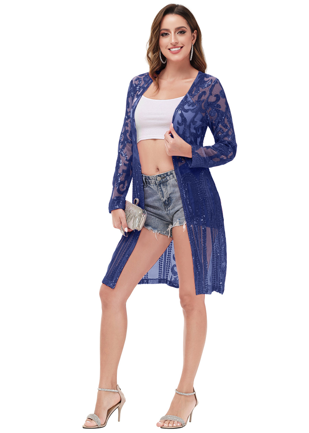 Cárdigan con lentejuelas brillantes para mujer de Anna-Kaci, manga larga, frente abierto, kimono con purpurina