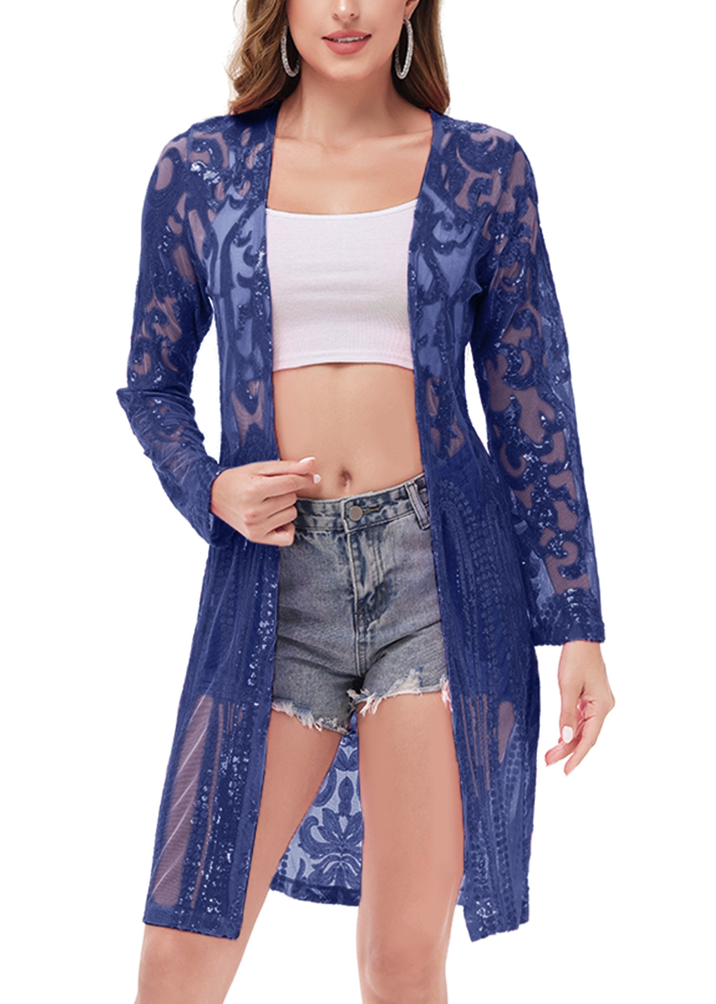 Cárdigan con lentejuelas brillantes para mujer de Anna-Kaci, manga larga, frente abierto, kimono con purpurina