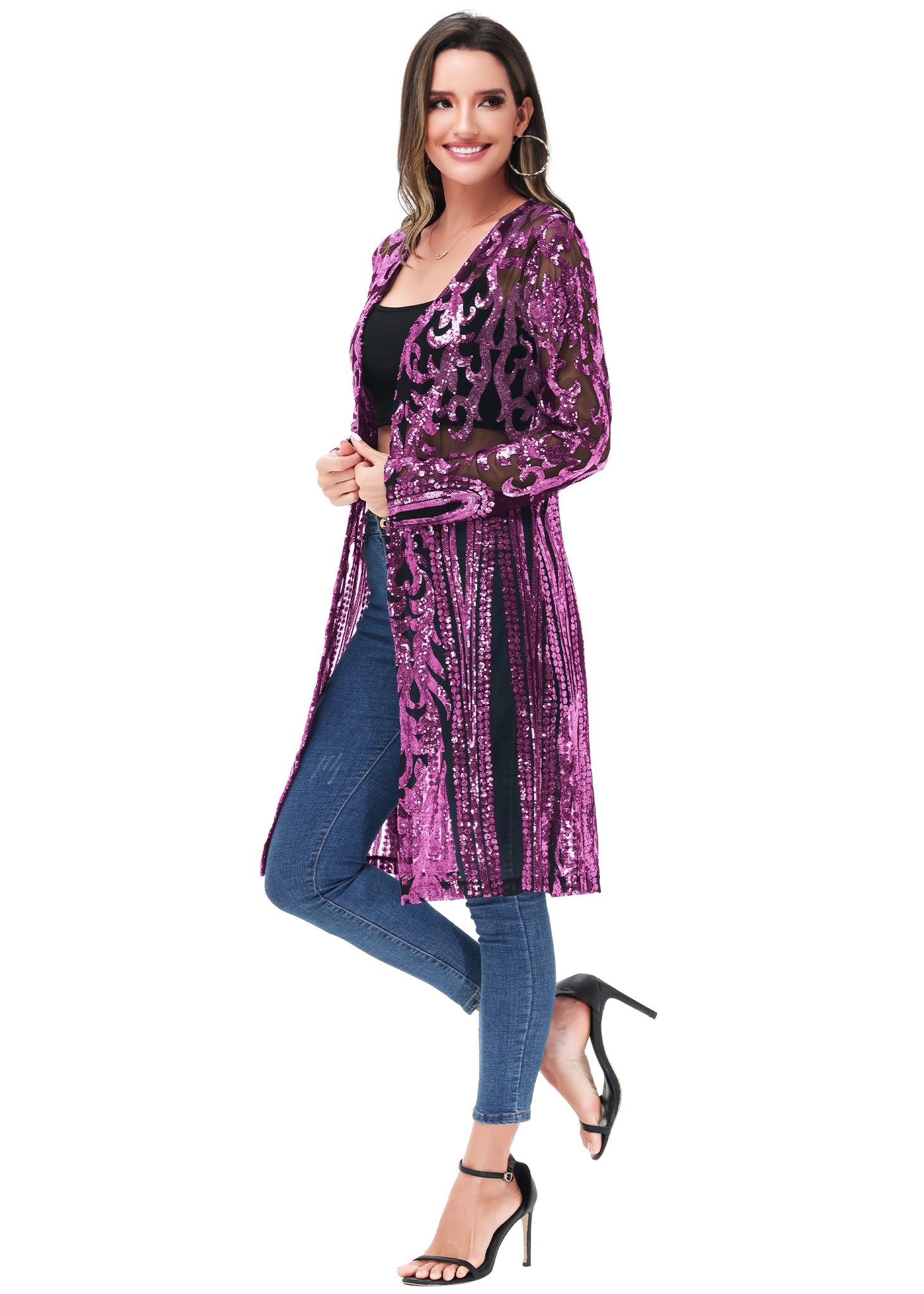 Cárdigan con lentejuelas brillantes para mujer de Anna-Kaci, manga larga, frente abierto, kimono con purpurina