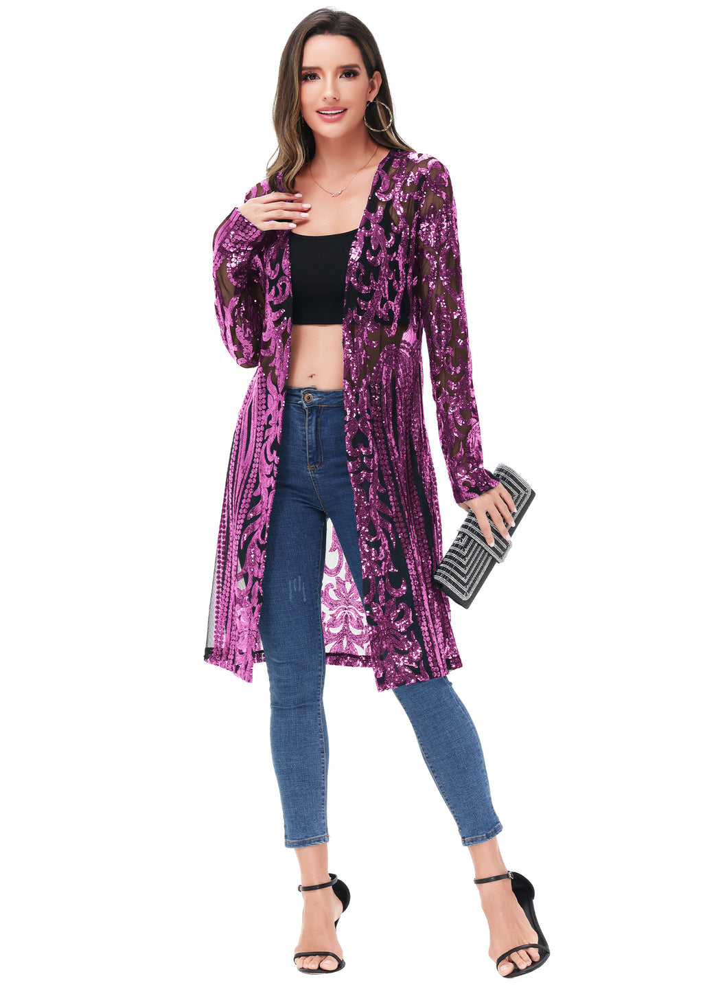 Cárdigan con lentejuelas brillantes para mujer de Anna-Kaci, manga larga, frente abierto, kimono con purpurina