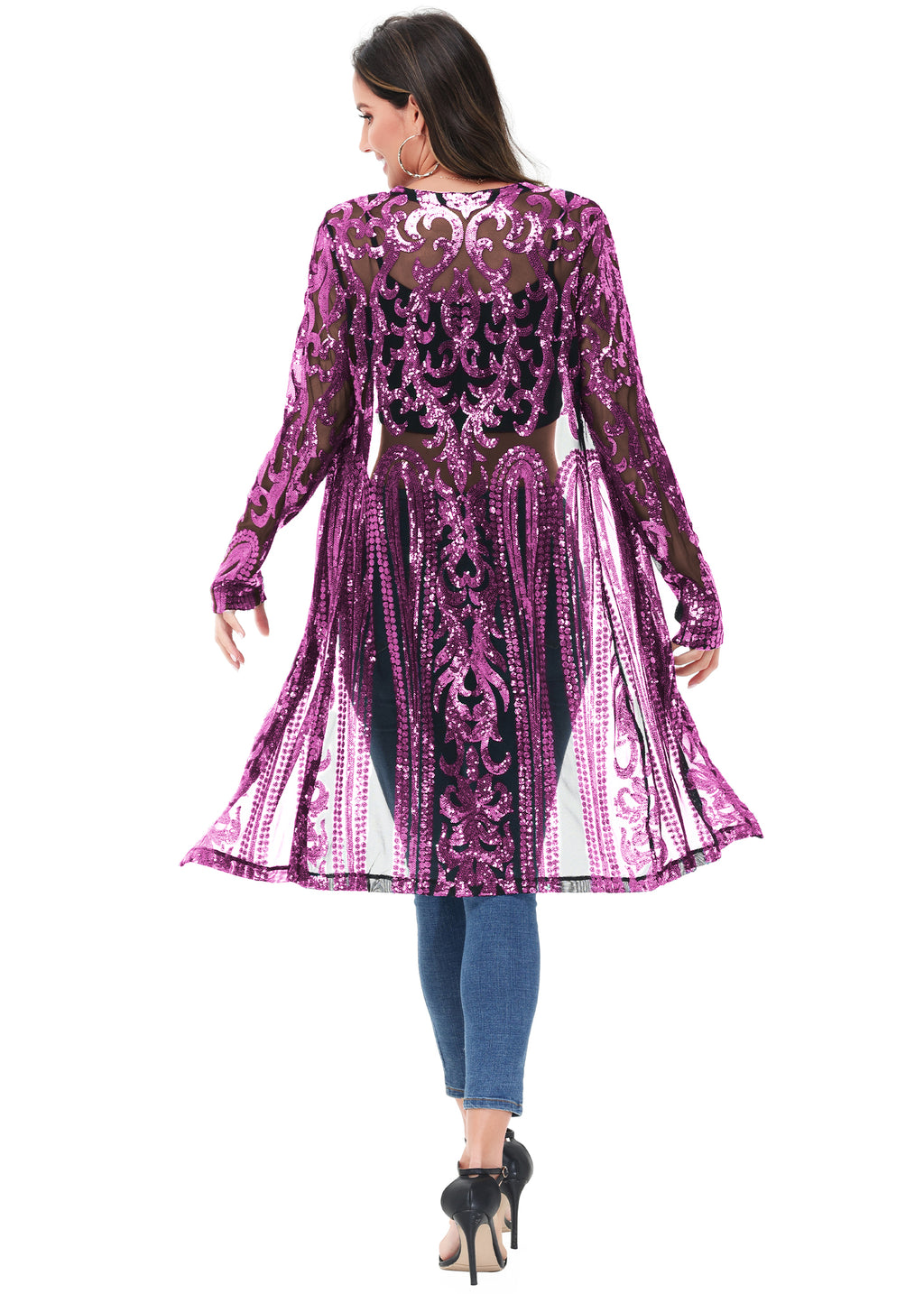 Cárdigan con lentejuelas brillantes para mujer de Anna-Kaci, manga larga, frente abierto, kimono con purpurina