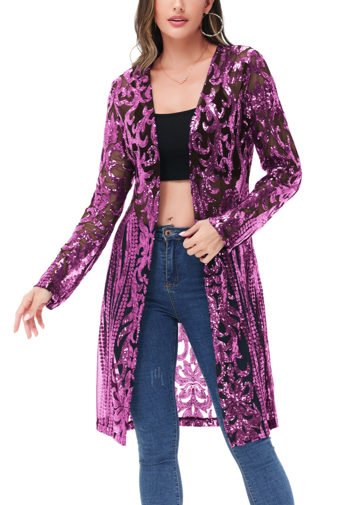 Cárdigan con lentejuelas brillantes para mujer de Anna-Kaci, manga larga, frente abierto, kimono con purpurina